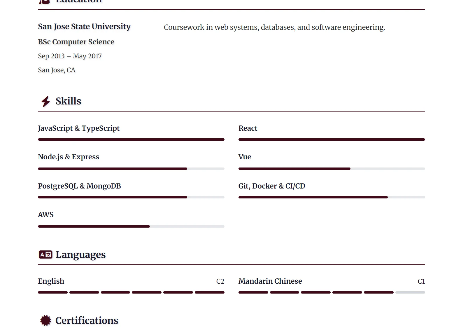 The skills section — every line here has to be provable elsewhere on the page