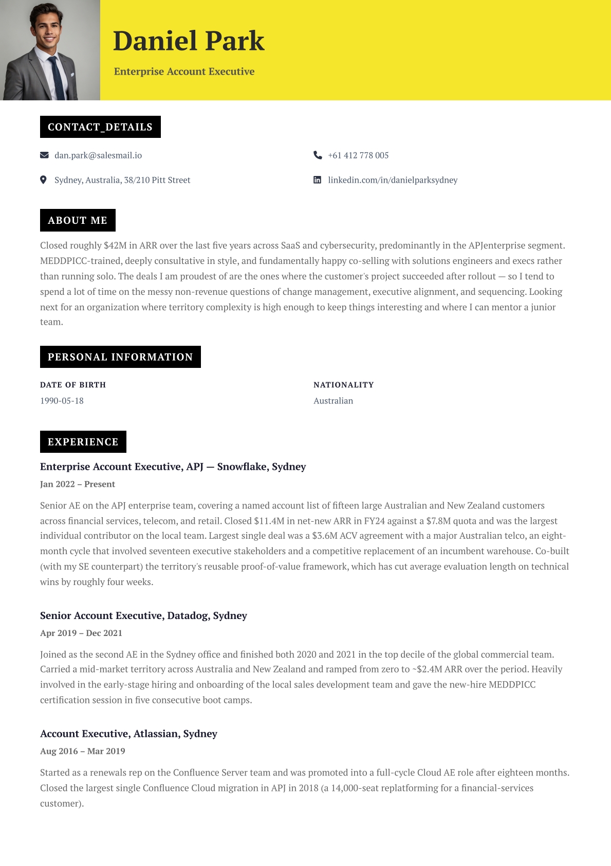 Lemon CV template preview