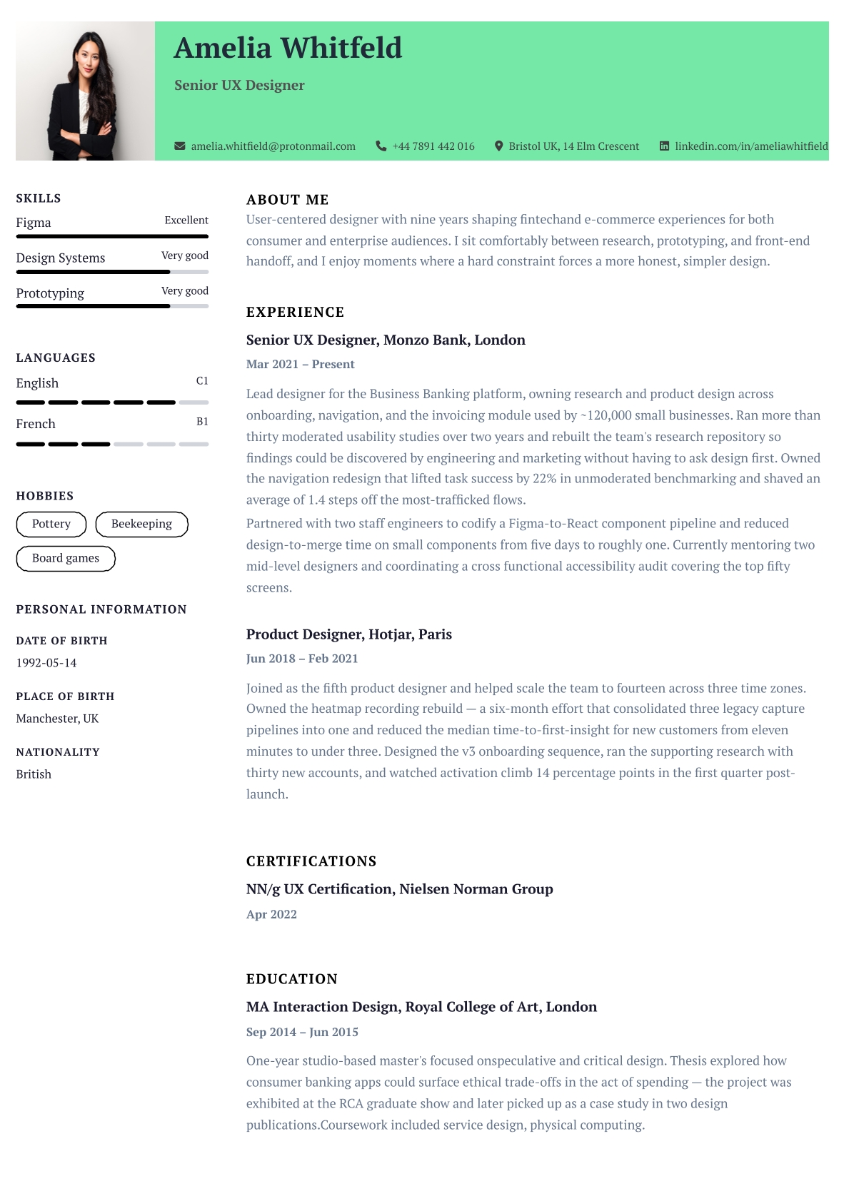 Mint CV template preview