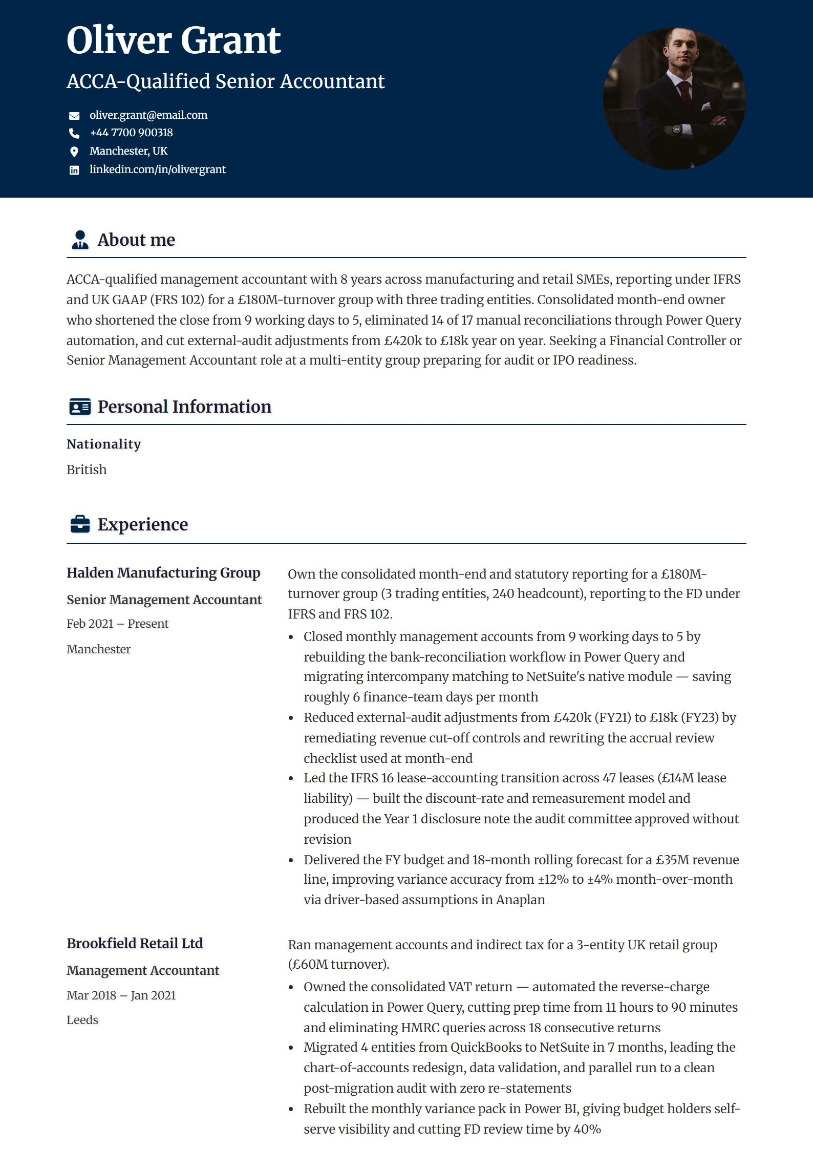 Accountant CV Example — sample CV, page one