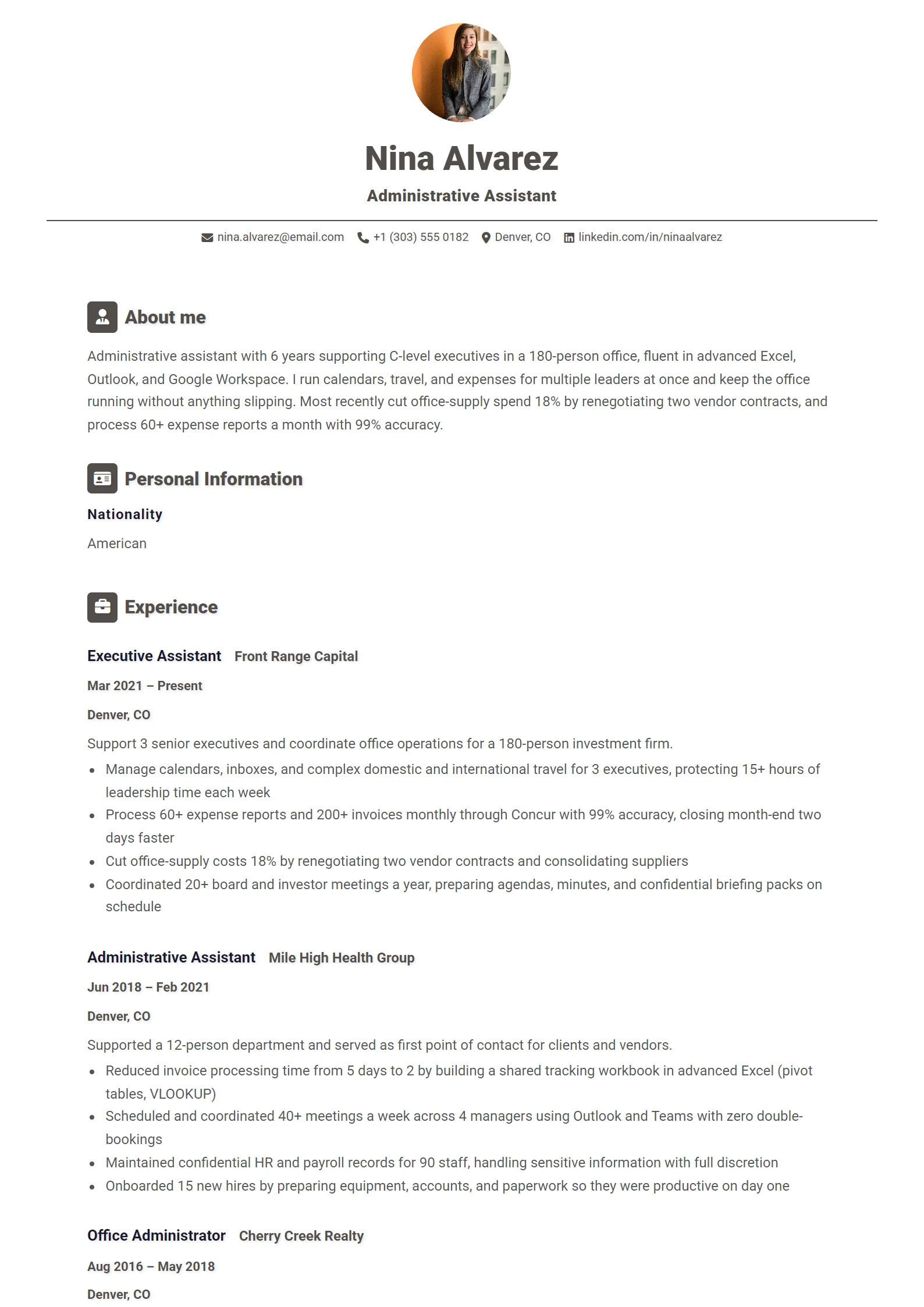 Przykład CV asystenta administracyjnego — przykładowe CV, pierwsza strona