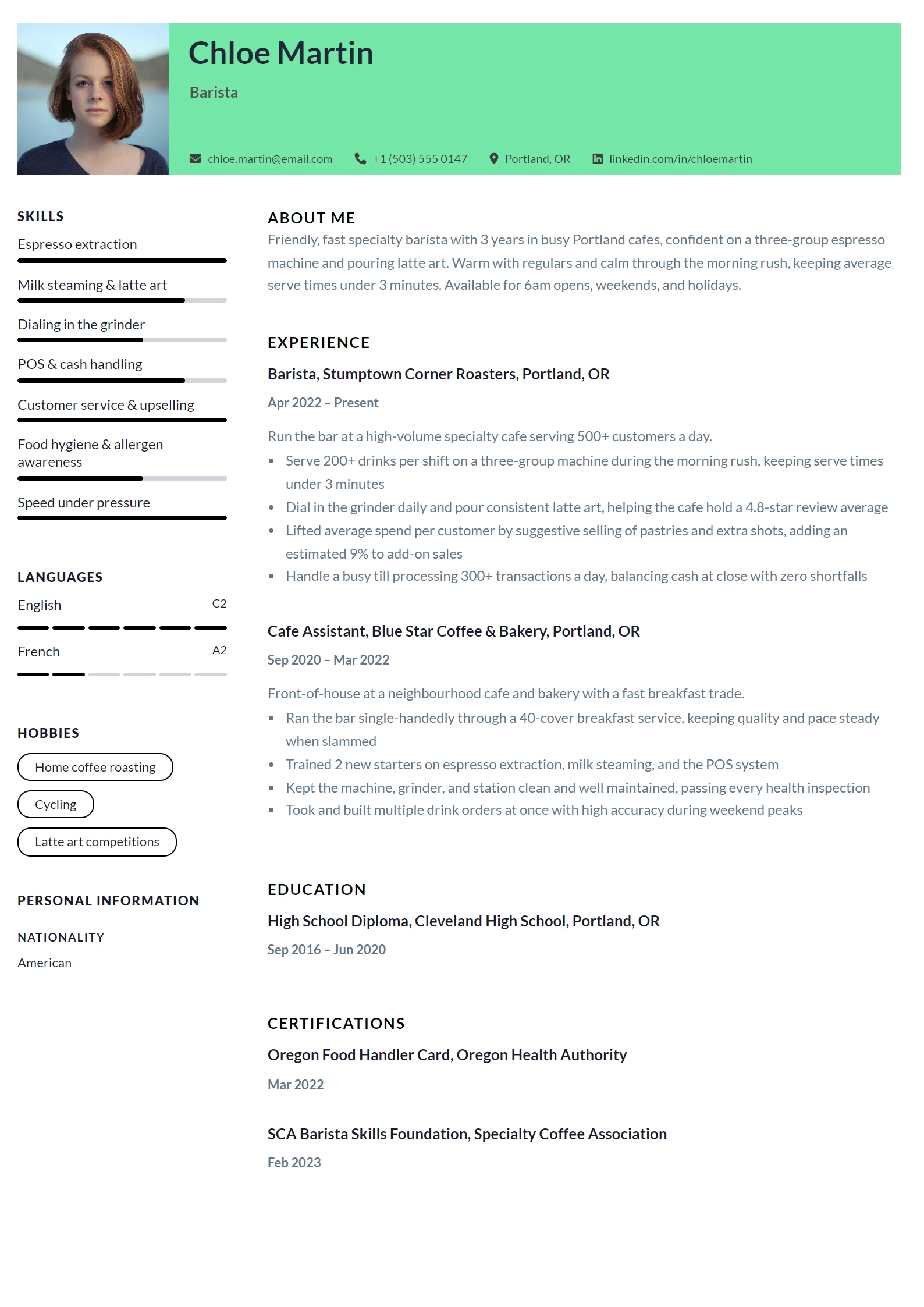 Barista CV Example — sample CV, page one