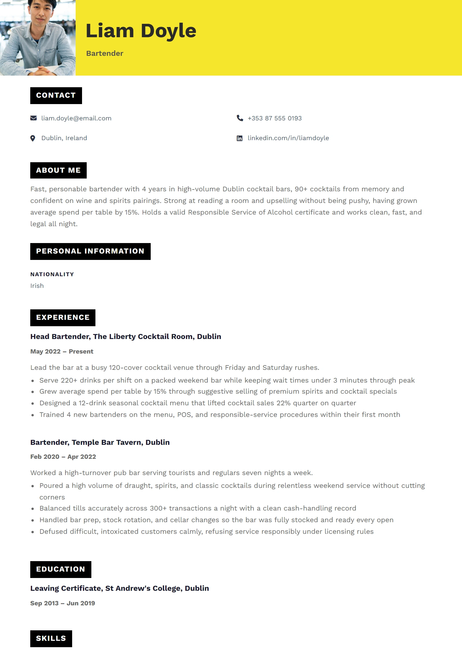 Bartender CV Example — sample CV, page one