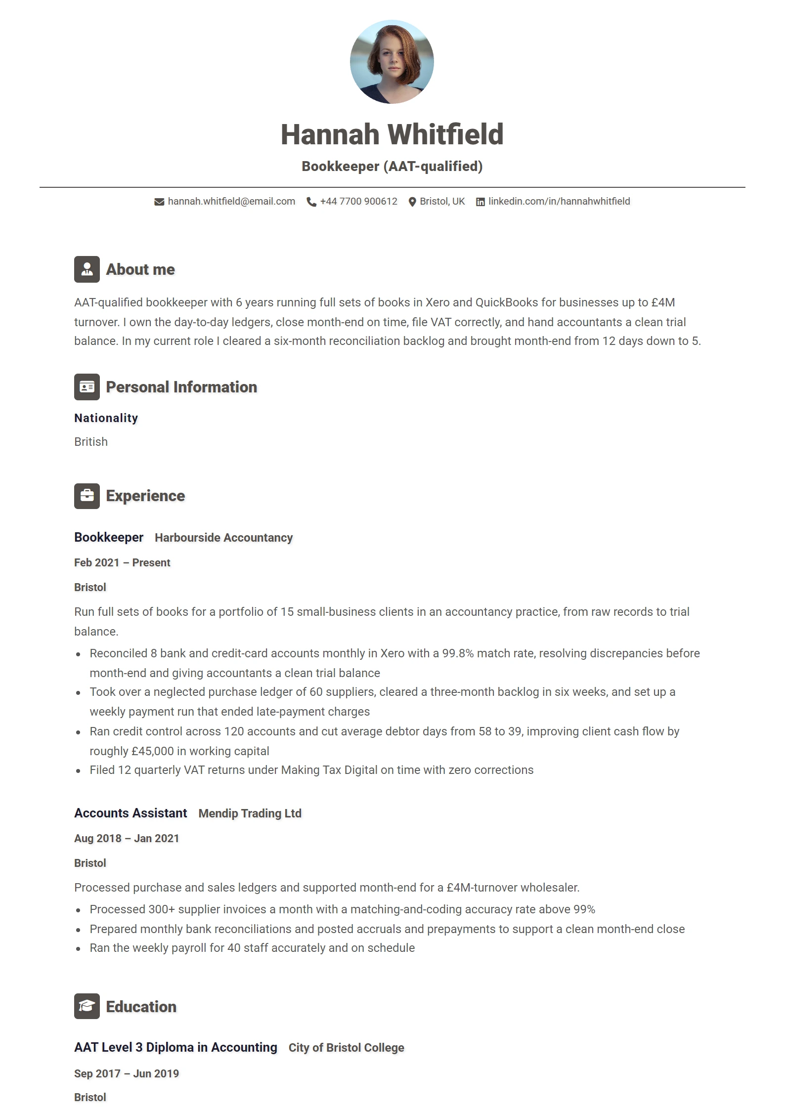 Bookkeeper CV Example — sample CV, page one