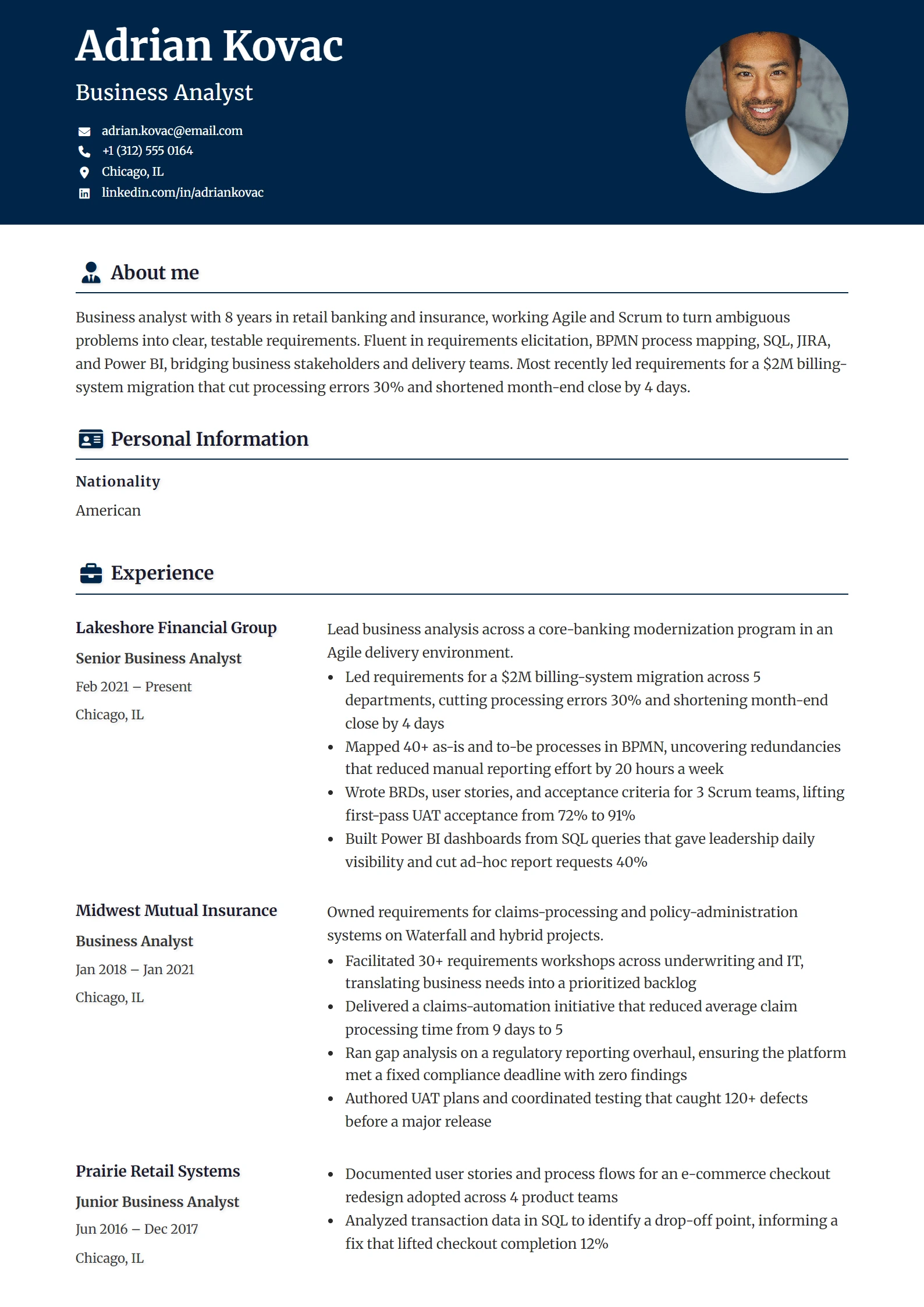 Exemple de CV d'analyste d'affaires — exemple de CV, première page