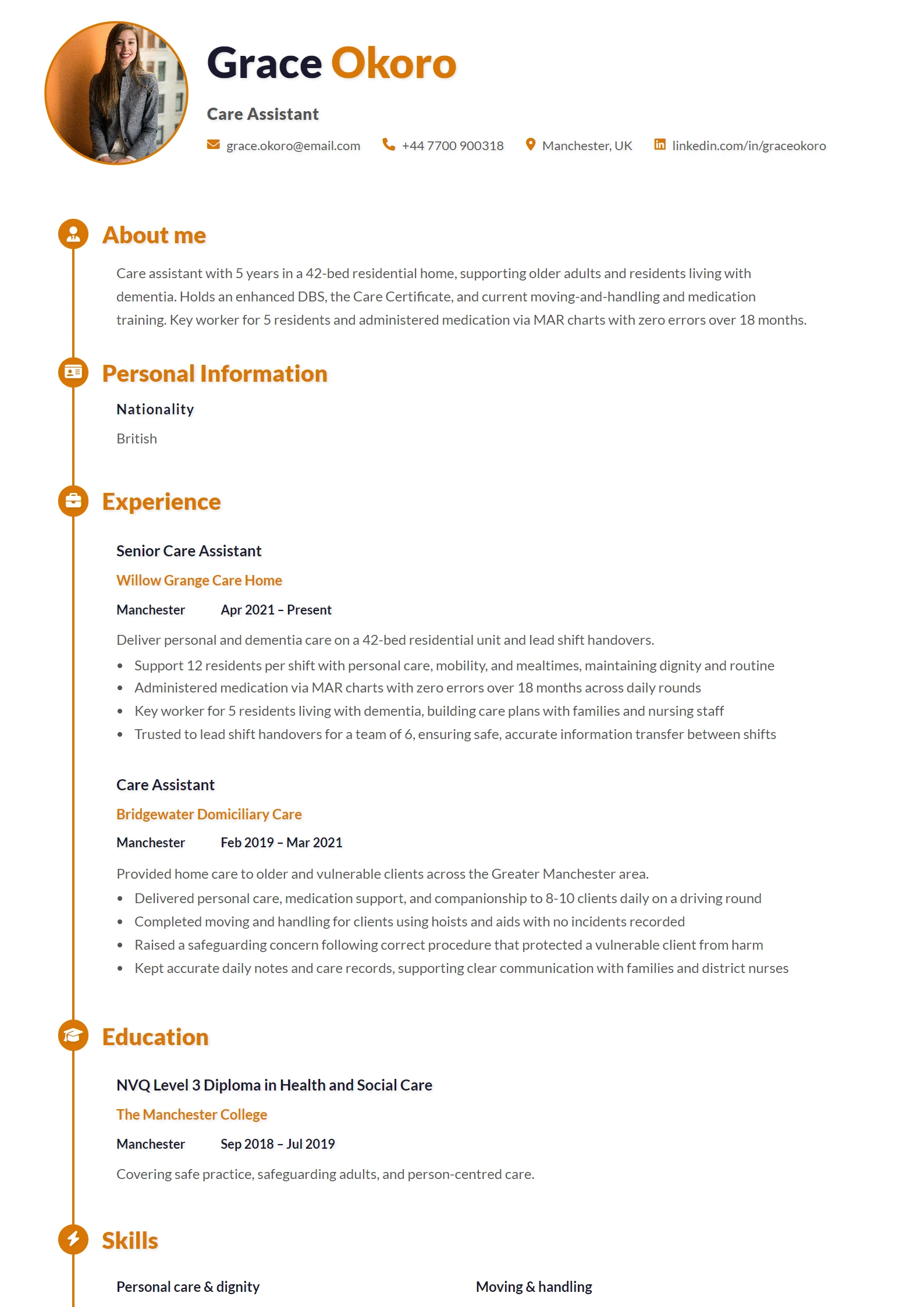 Care Assistant CV Example — sample CV, page one