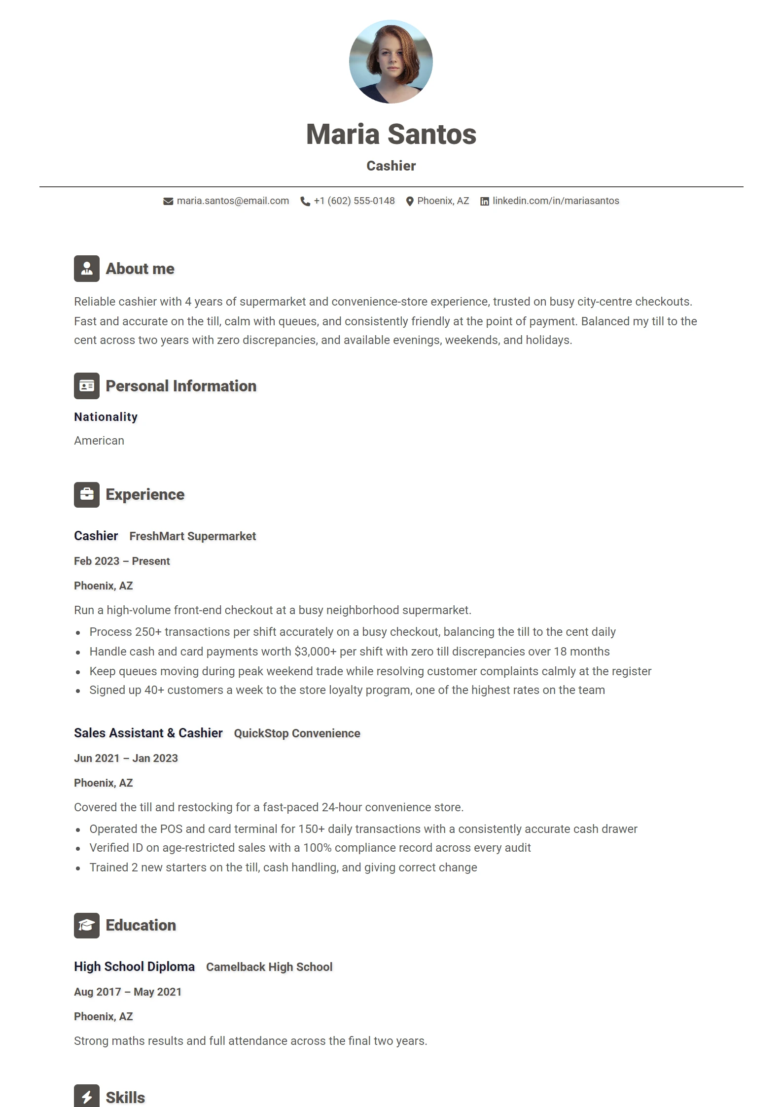 Cashier CV Example — sample CV, page one