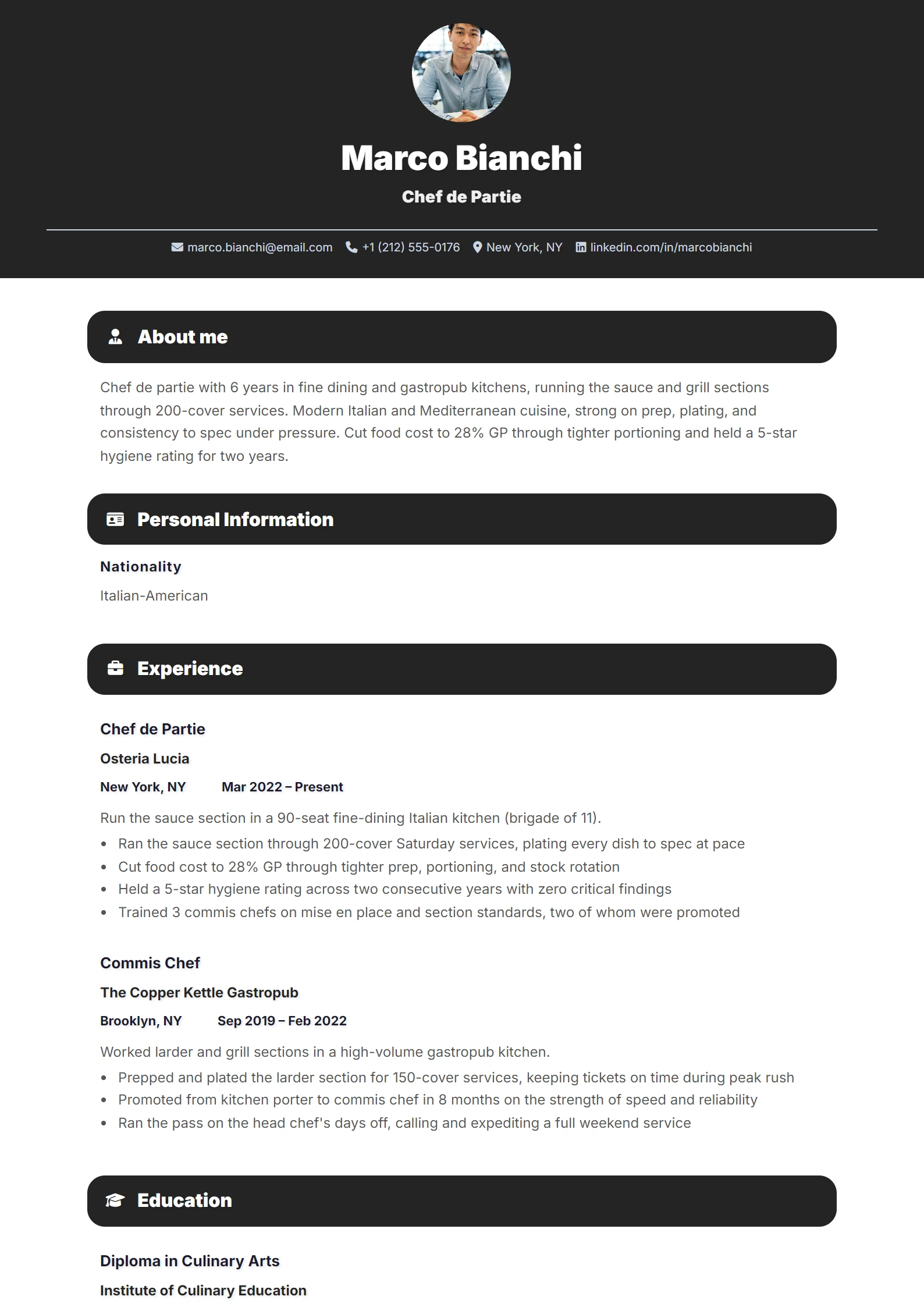 Chef CV Example — sample CV, page one