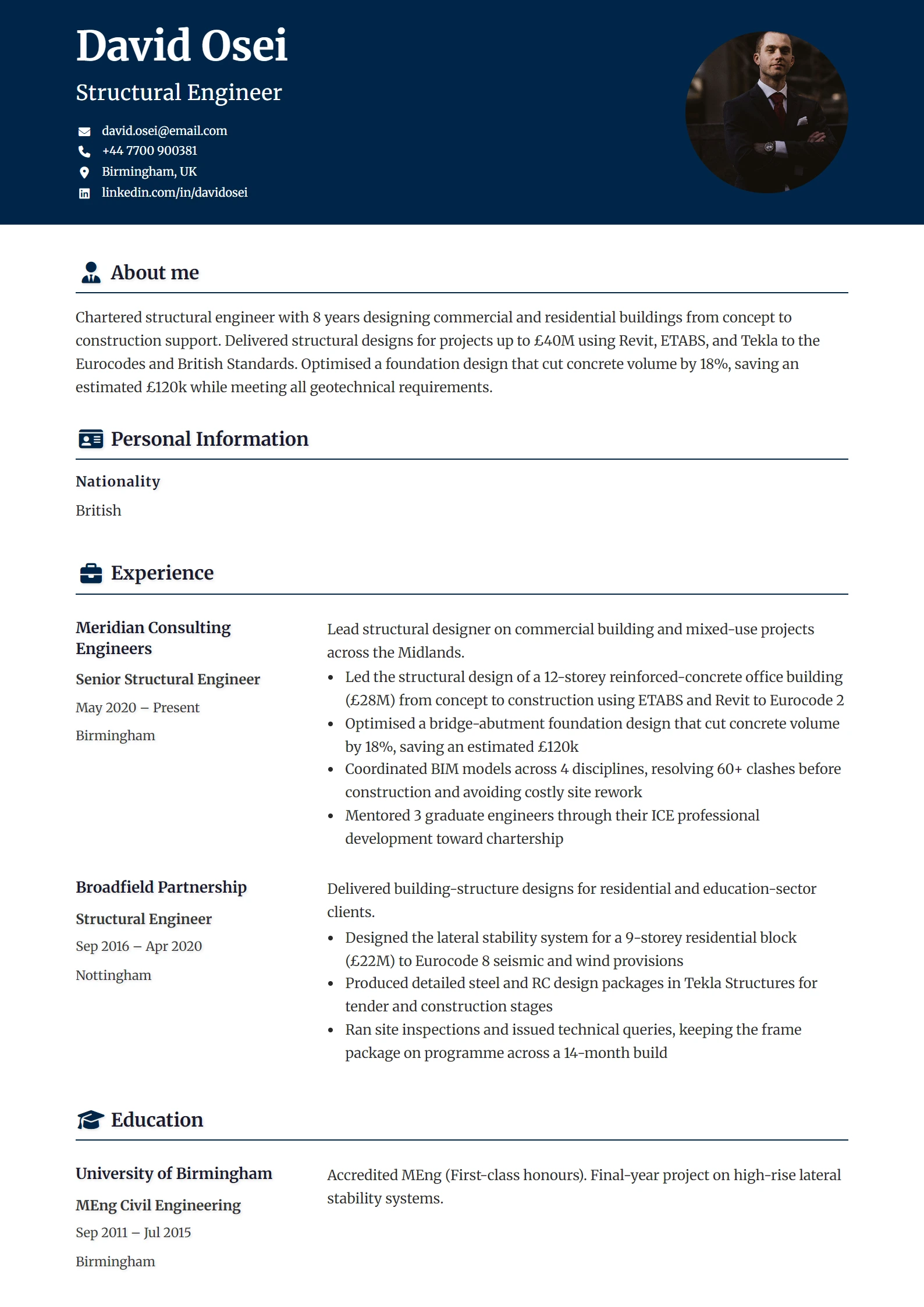 Civil Engineer CV Example — sample CV, page one