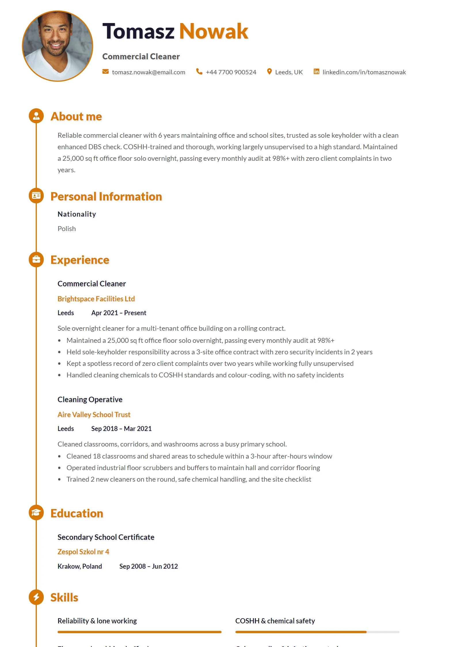 Cleaner CV Example — sample CV, page one