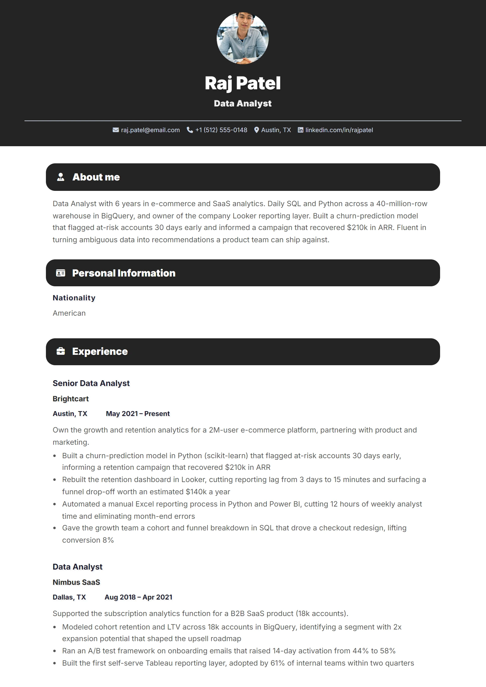 Exemple de CV d'analyste de données — exemple de CV, première page