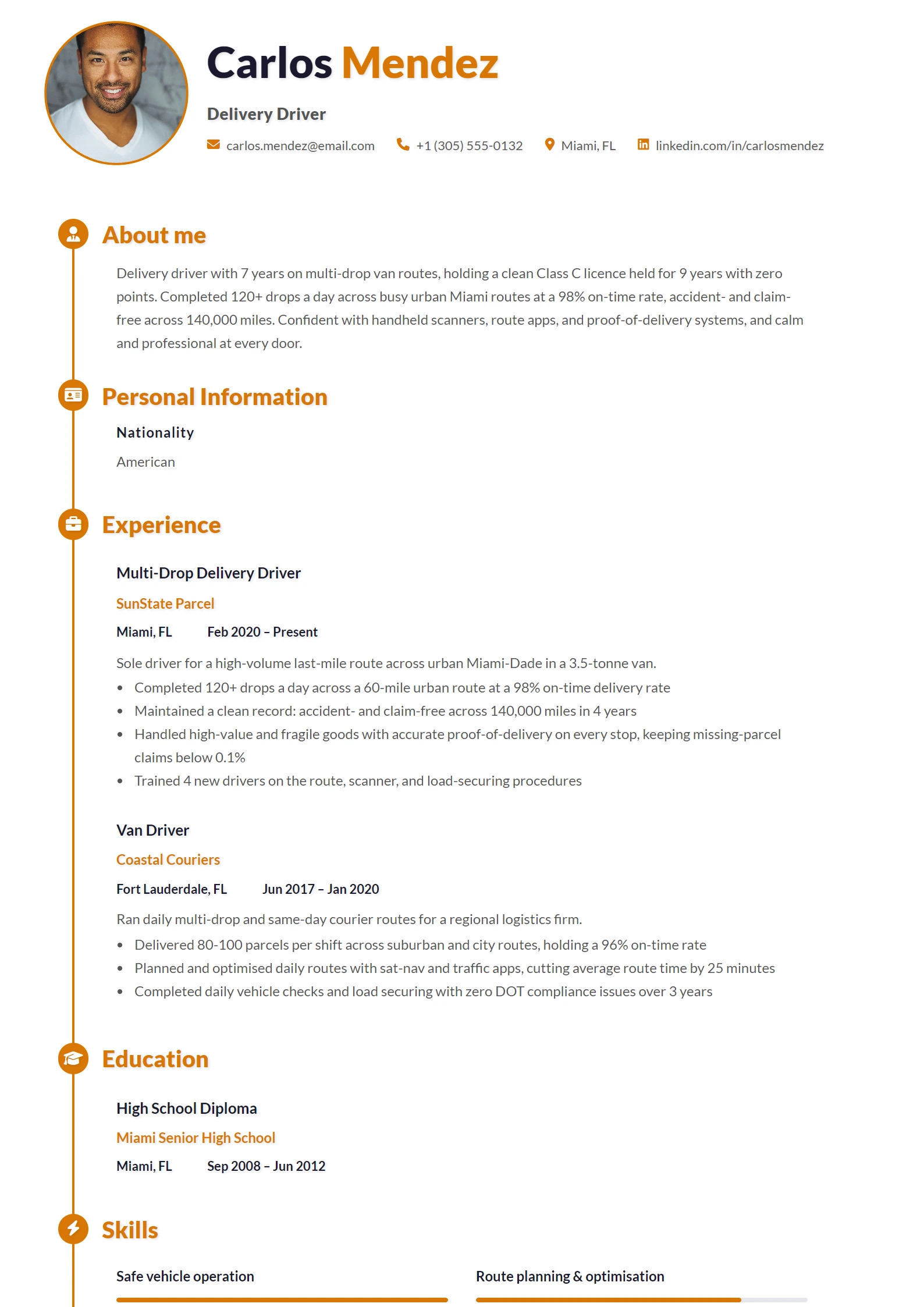 Delivery Driver CV Example — sample CV, page one