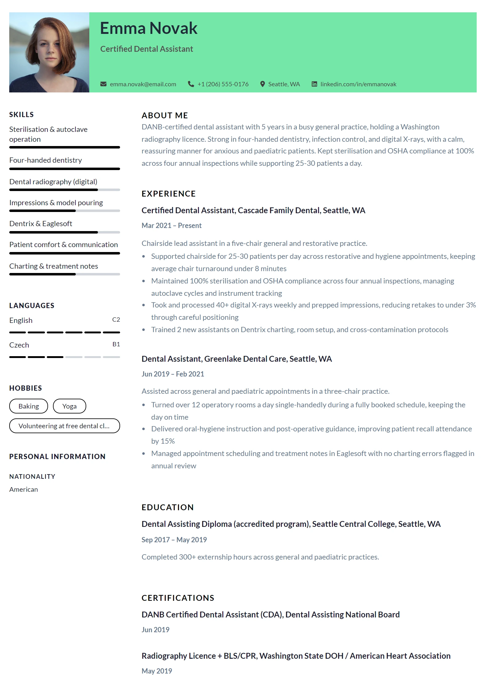 Dental Assistant CV Example — sample CV, page one
