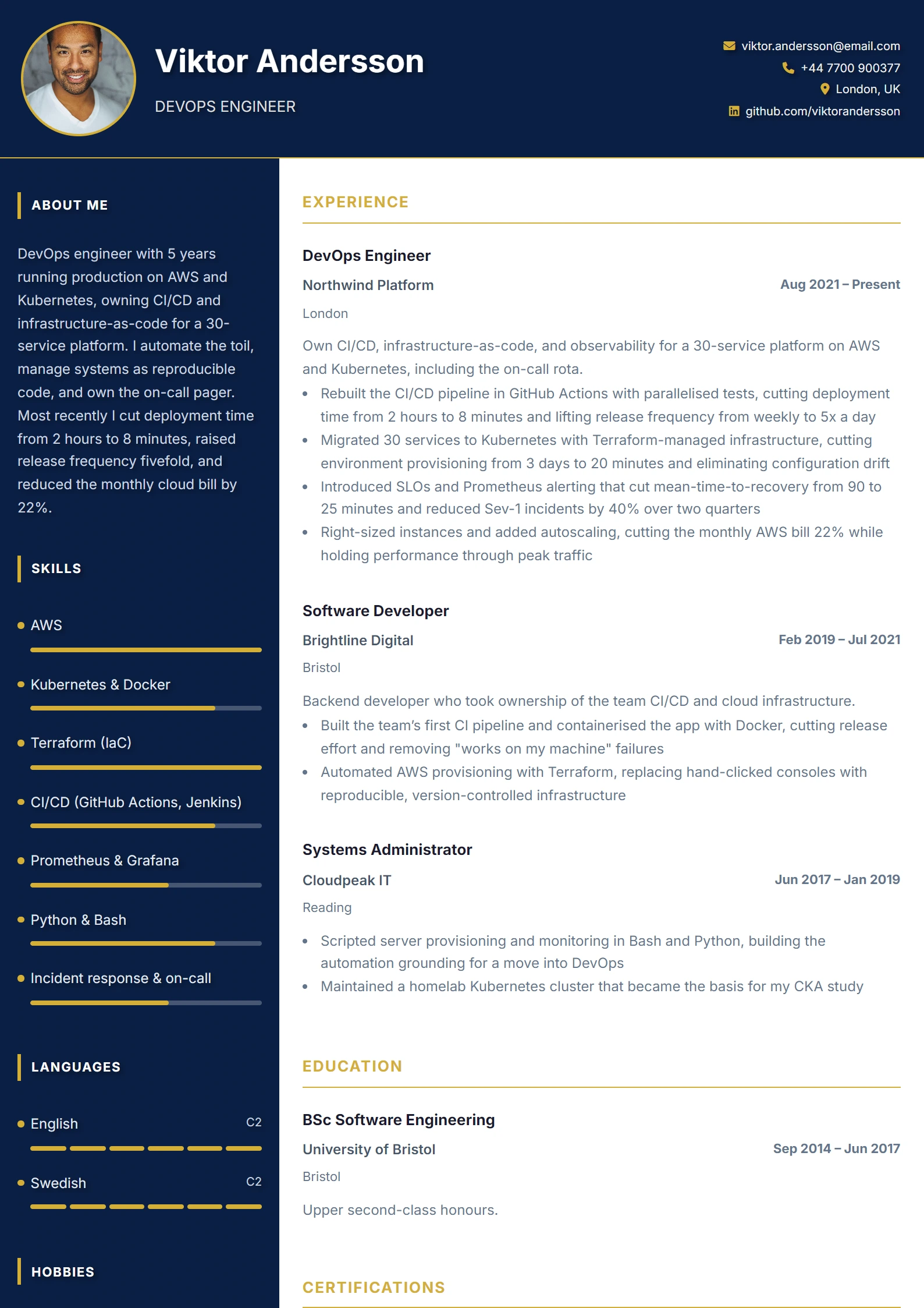 DevOps Engineer CV Example — sample CV, page one
