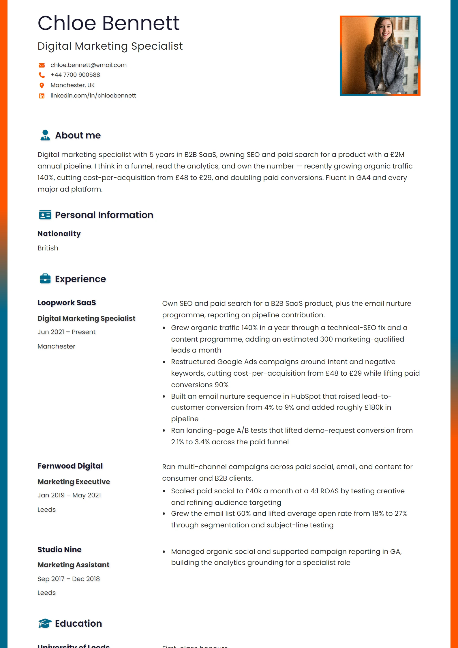 Exemple de CV de marketing digital — exemple de CV, première page