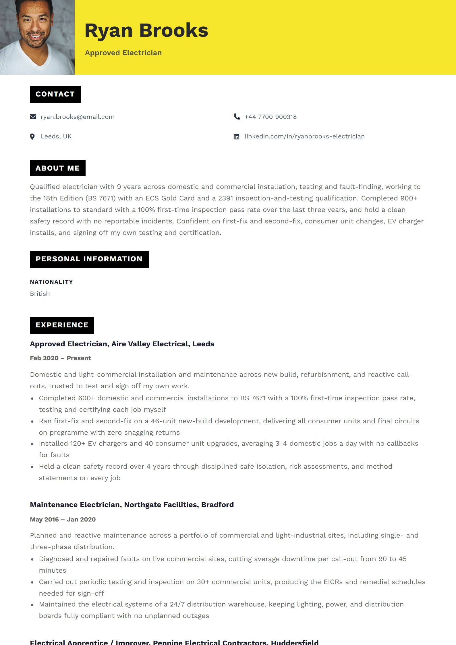 Electrician CV Example — sample CV, page one