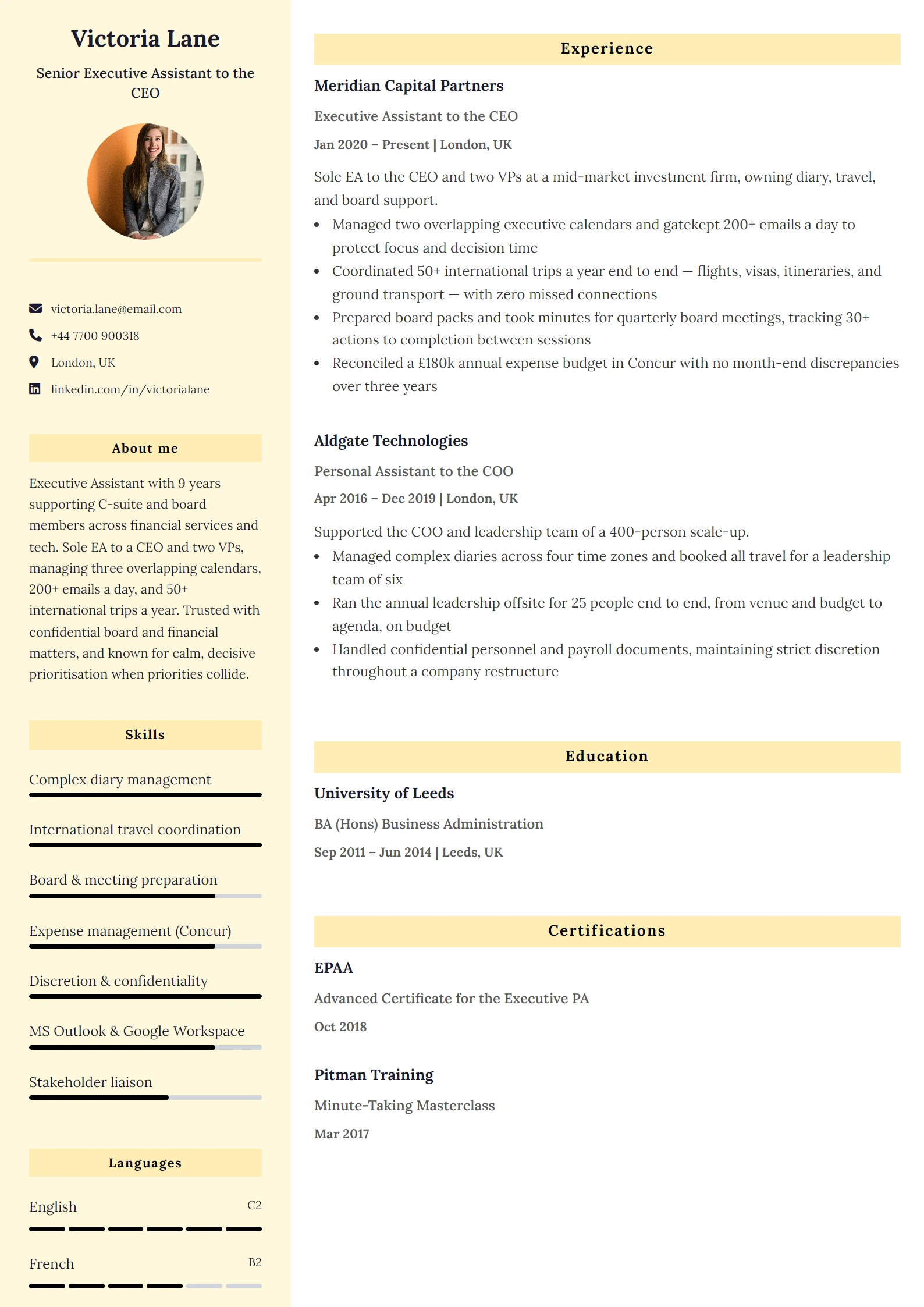 Executive Assistant CV Example — sample CV, page one