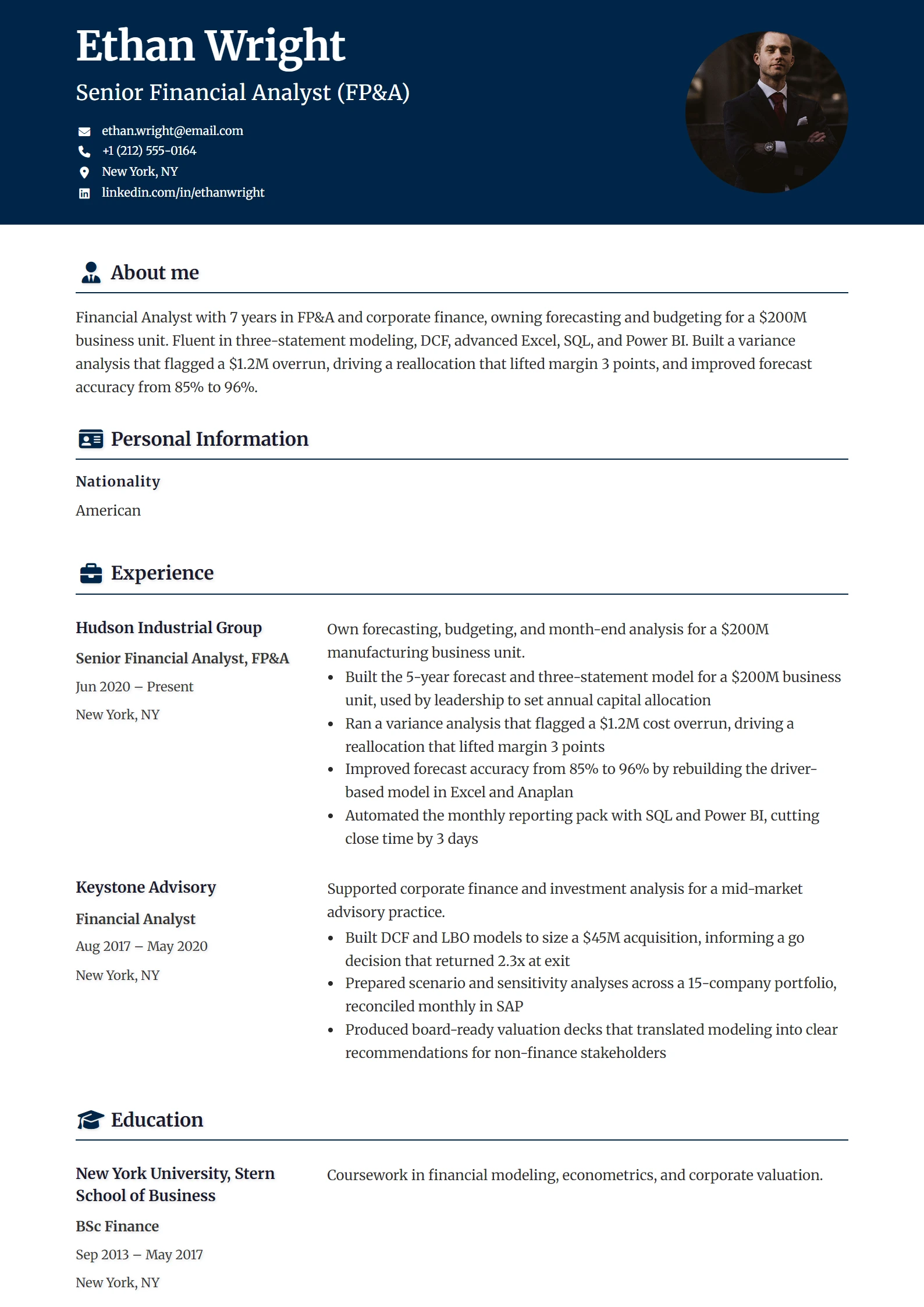 Financial Analyst CV Example — sample CV, page one