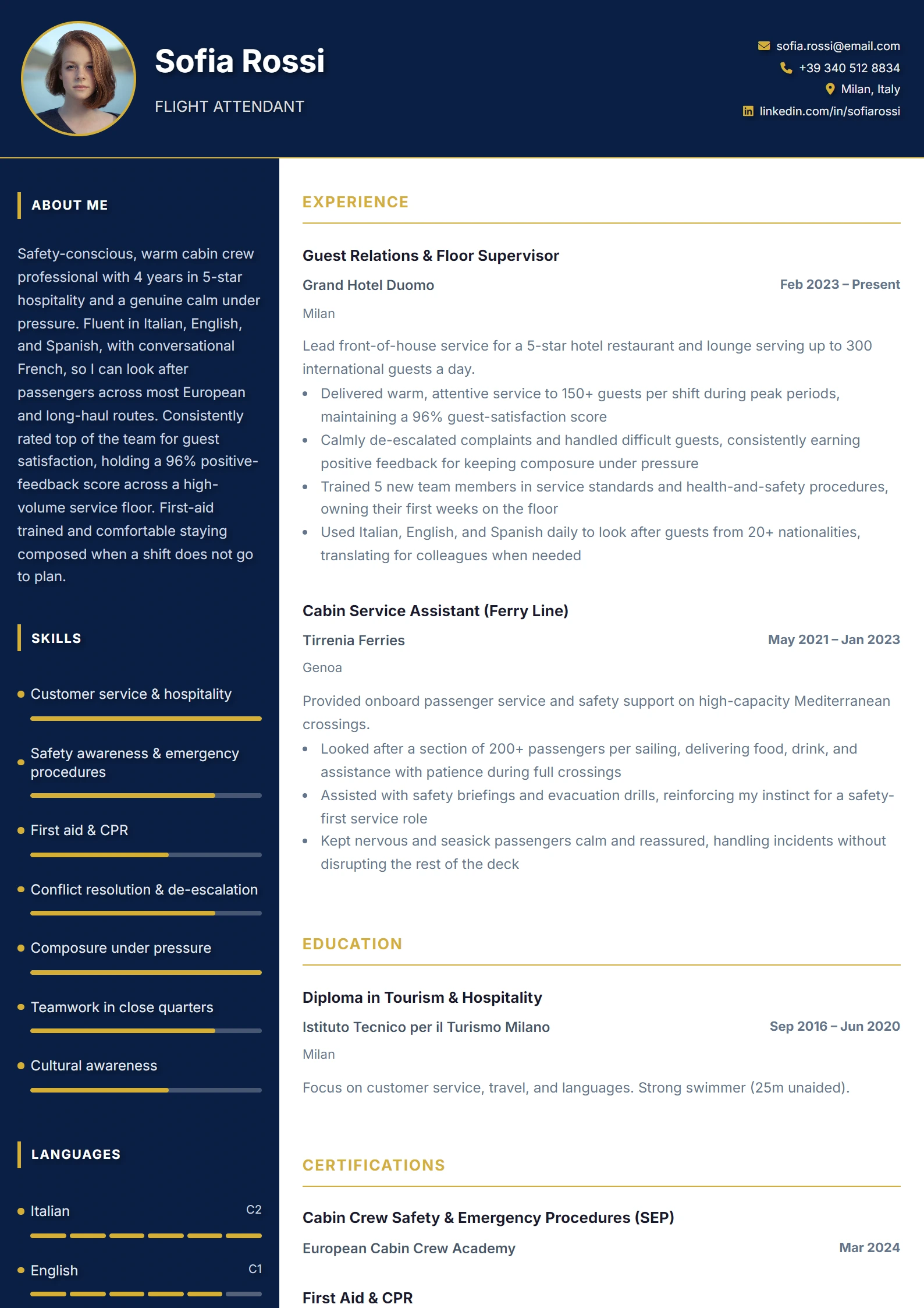 Flight Attendant CV Example — sample CV, page one