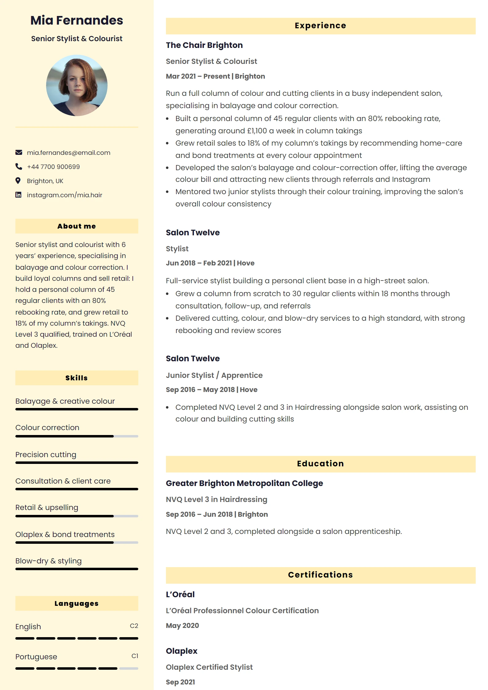 Hairdresser CV Example — sample CV, page one