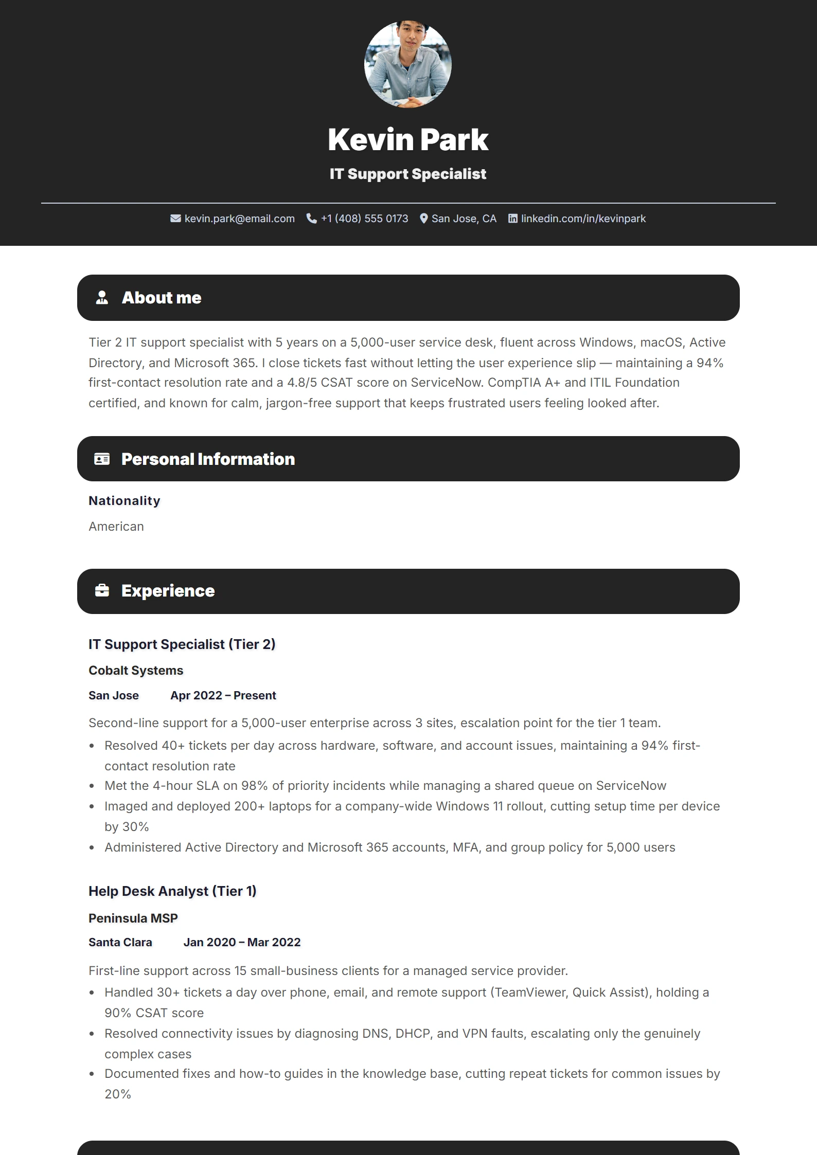 IT Support Specialist CV Example — sample CV, page one