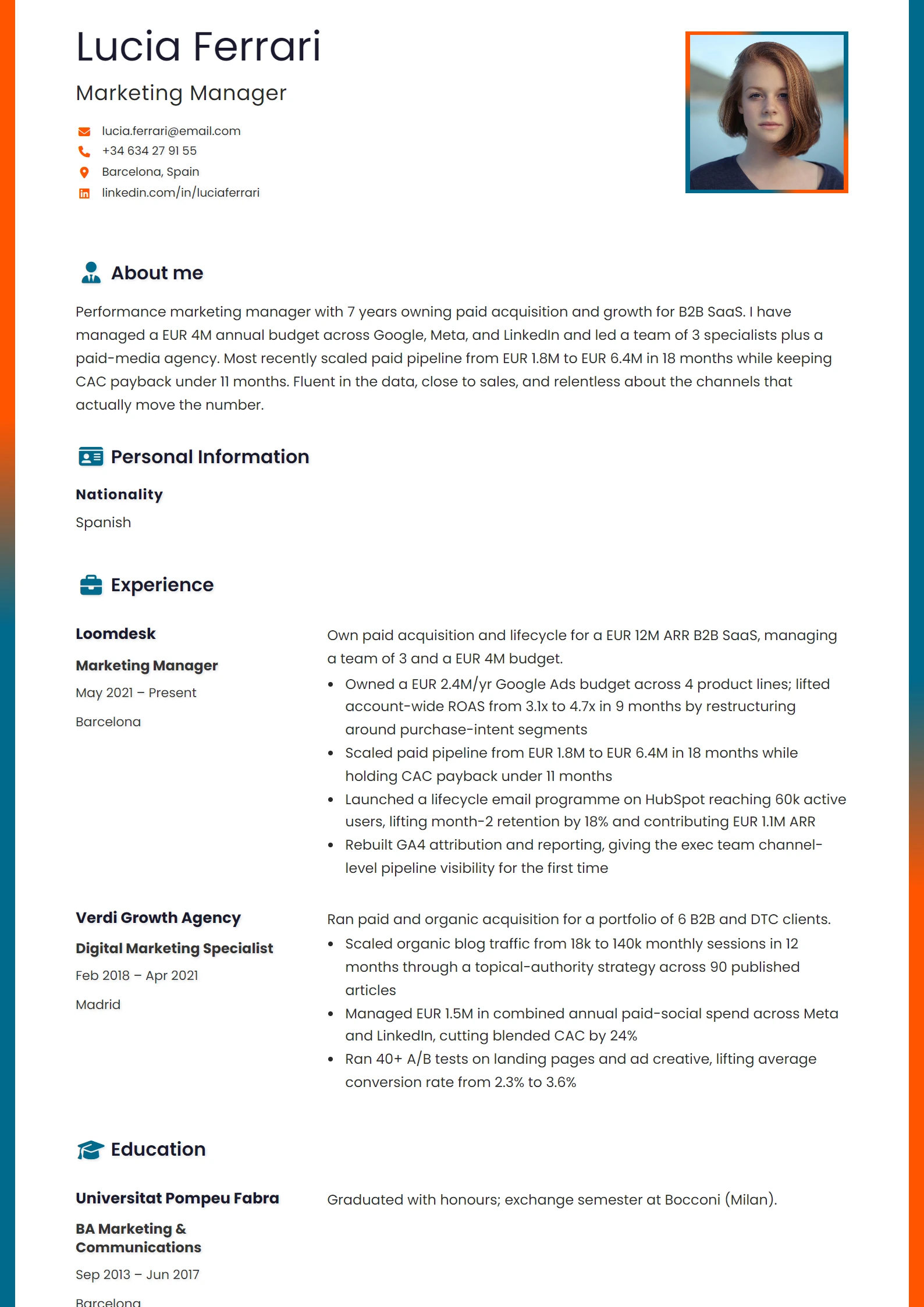 Ejemplo de CV para Marketing Manager: CV de ejemplo, primera página