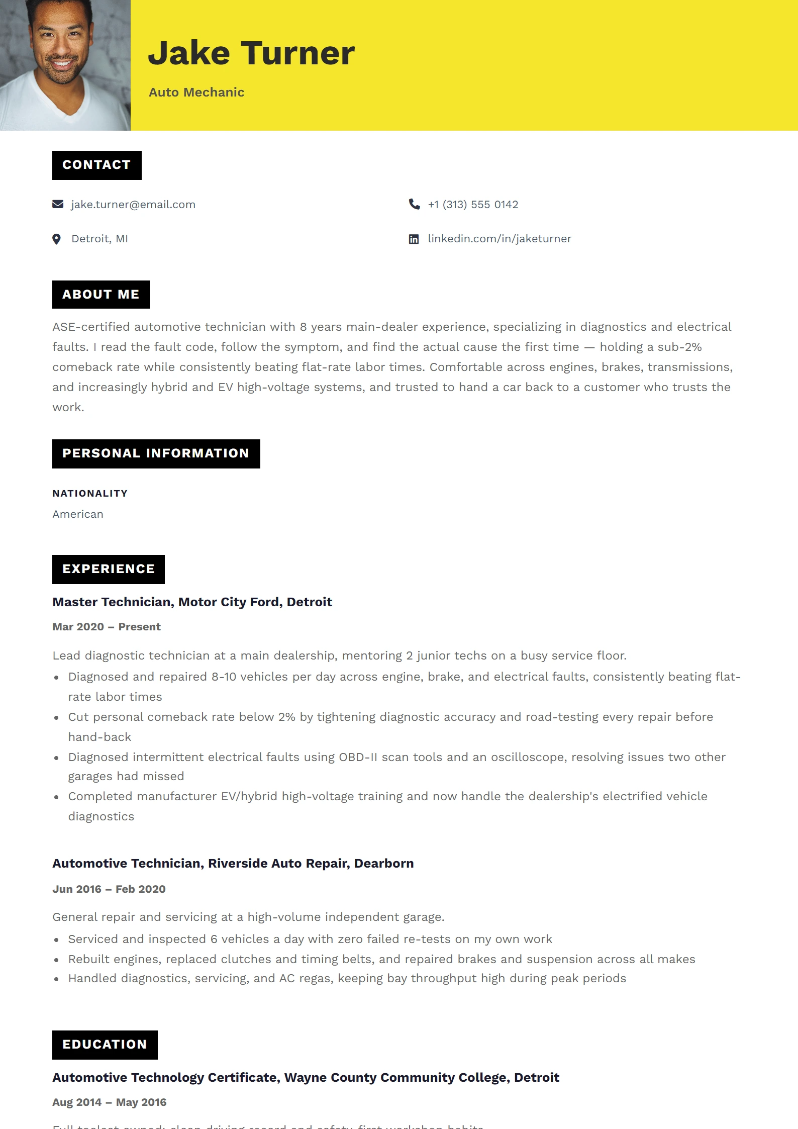 Mechanic CV Example — sample CV, page one