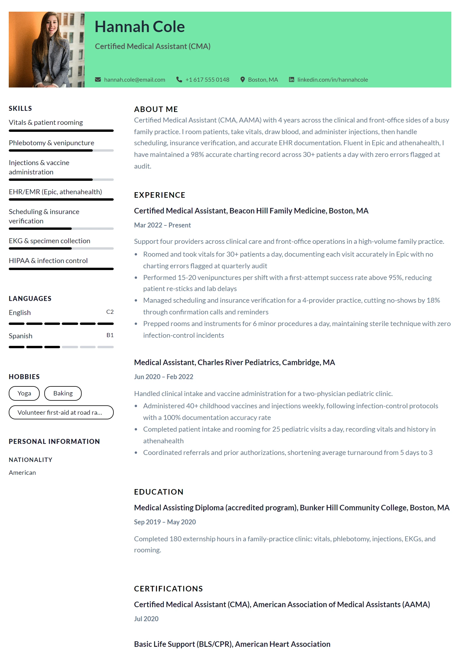 Medical Assistant CV Example — sample CV, page one