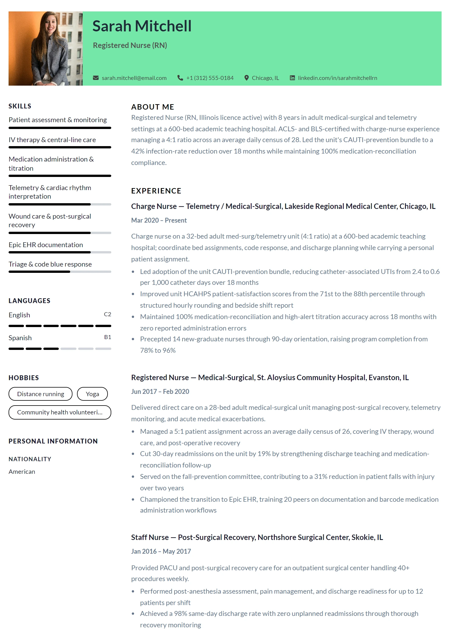 Nurse CV Example — sample CV, page one
