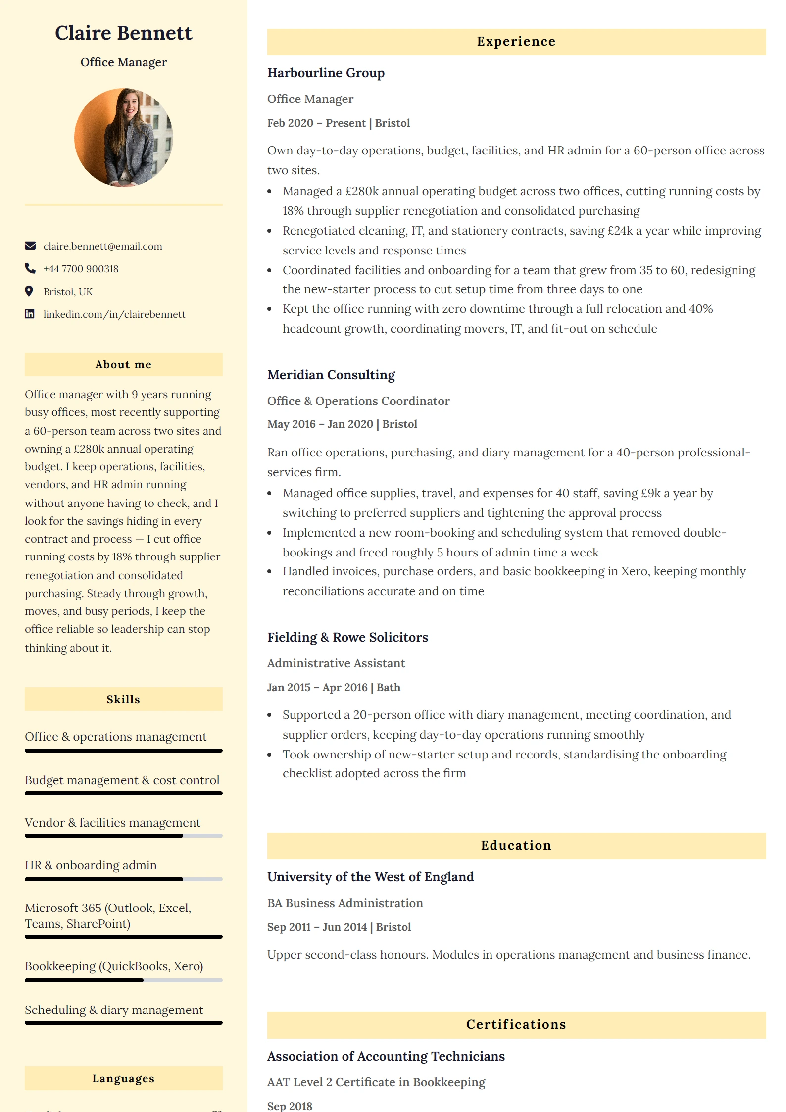 Office Manager CV Example — sample CV, page one