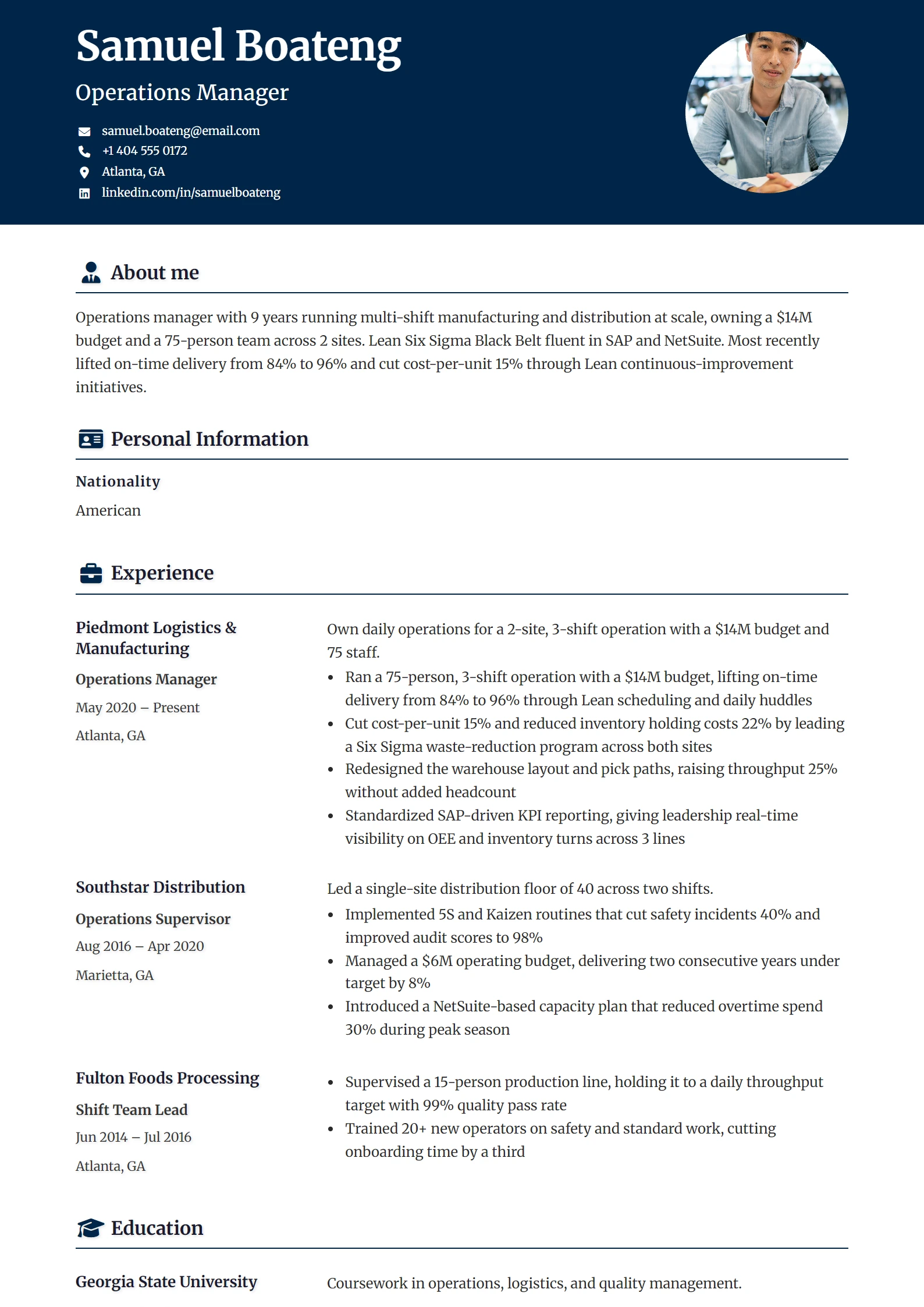 Operations Manager CV Example — sample CV, page one