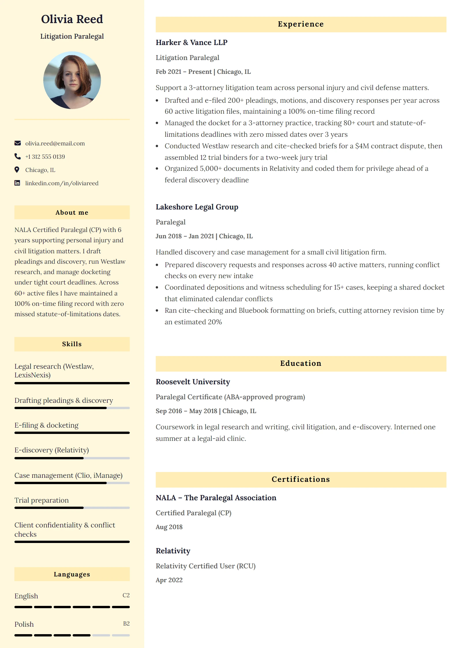 Paralegal CV Example — sample CV, page one