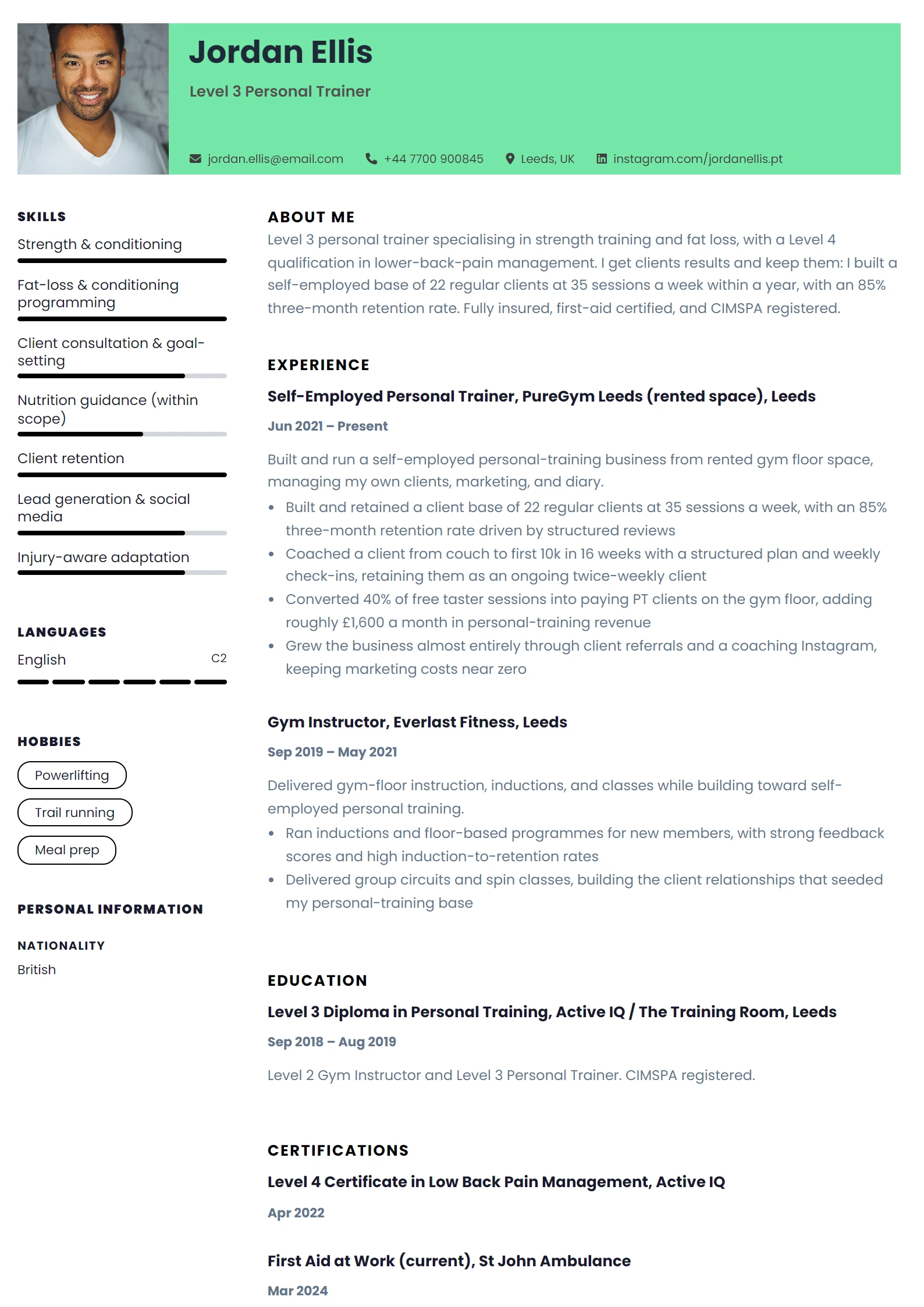 Personal Trainer CV Example — sample CV, page one