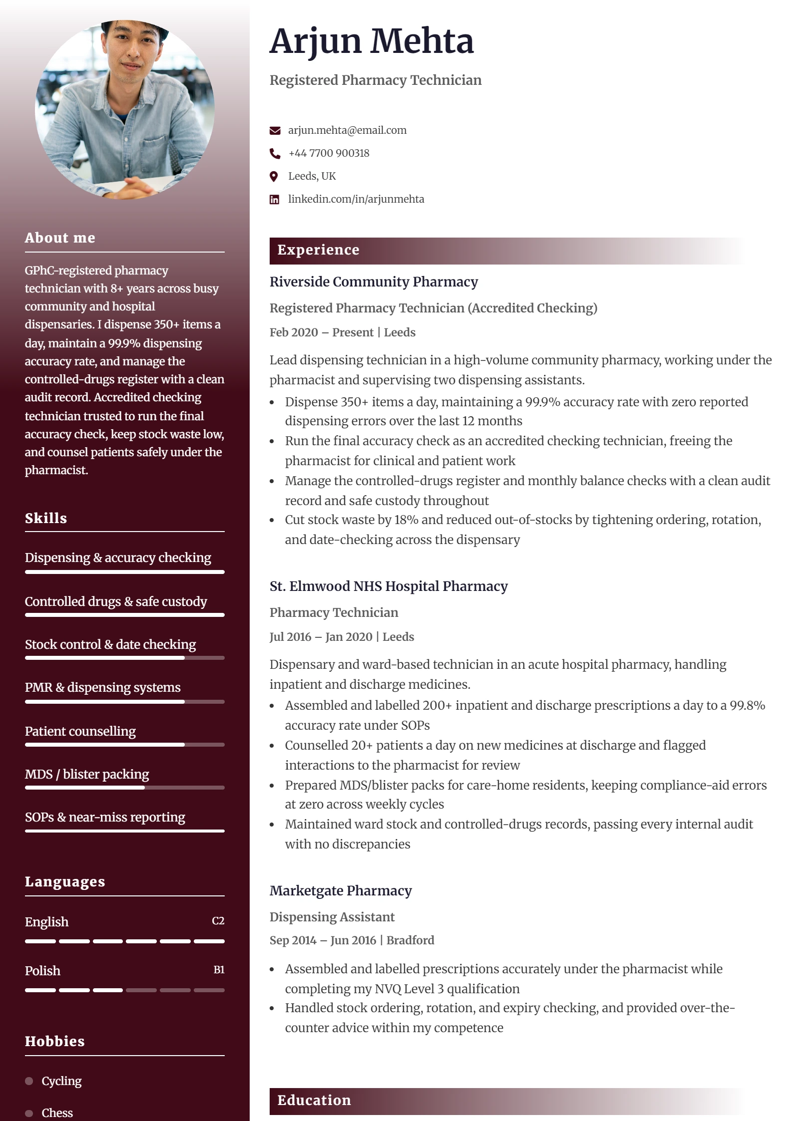Pharmacy Technician CV Example — sample CV, page one