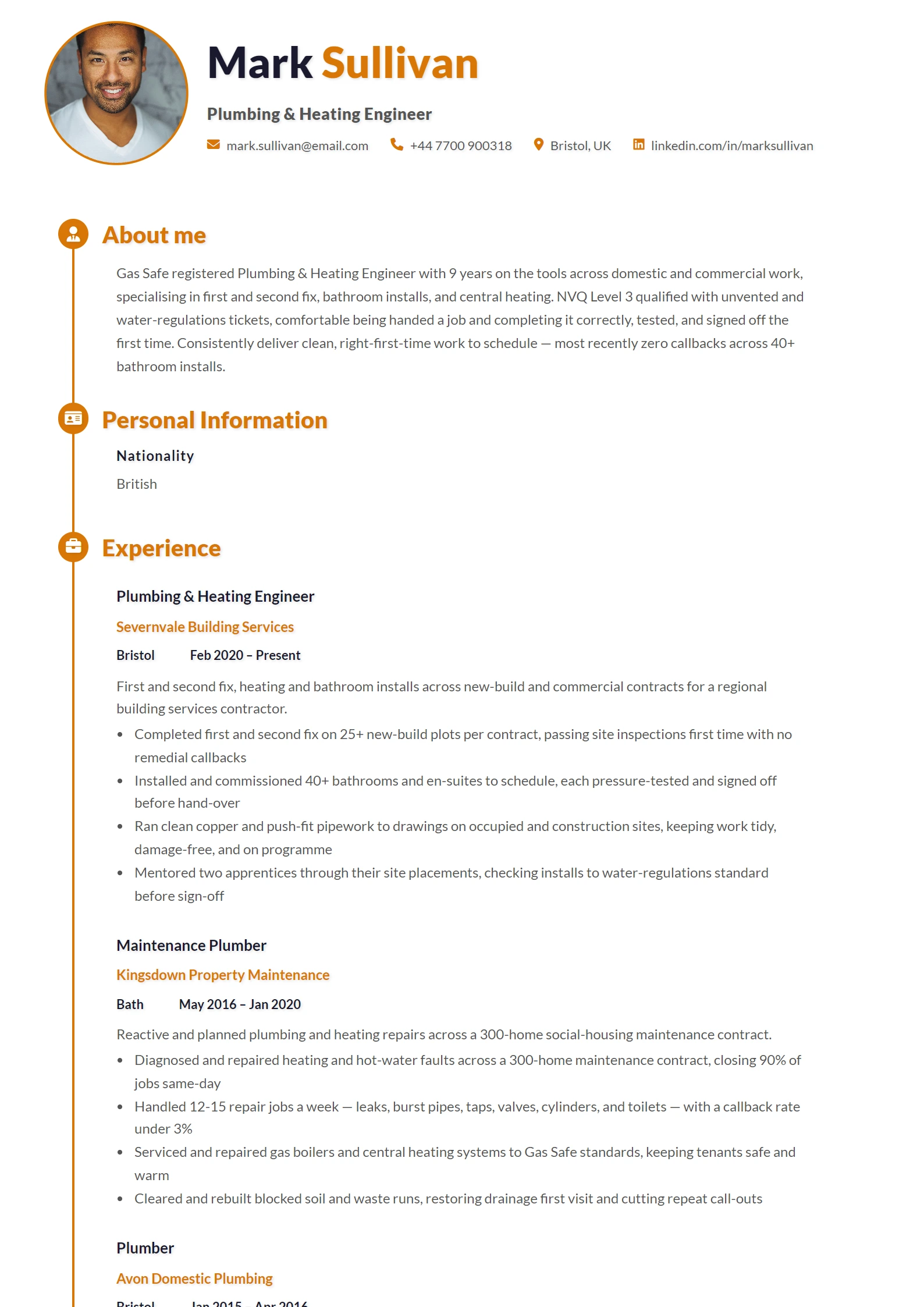 Plumber CV Example — sample CV, page one