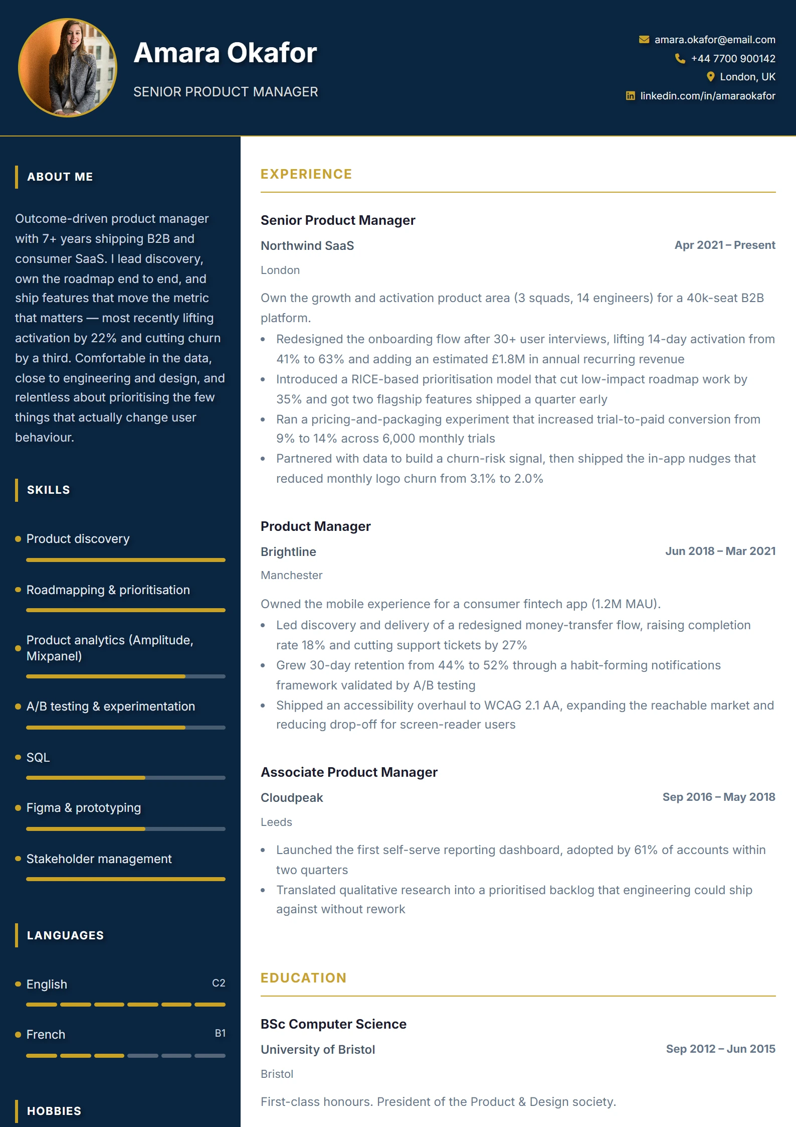 Product Manager CV Example — sample CV, page one