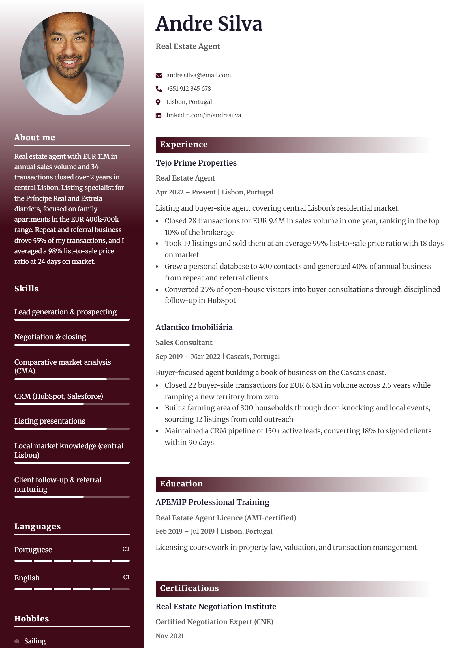 Real Estate Agent CV Example — sample CV, page one