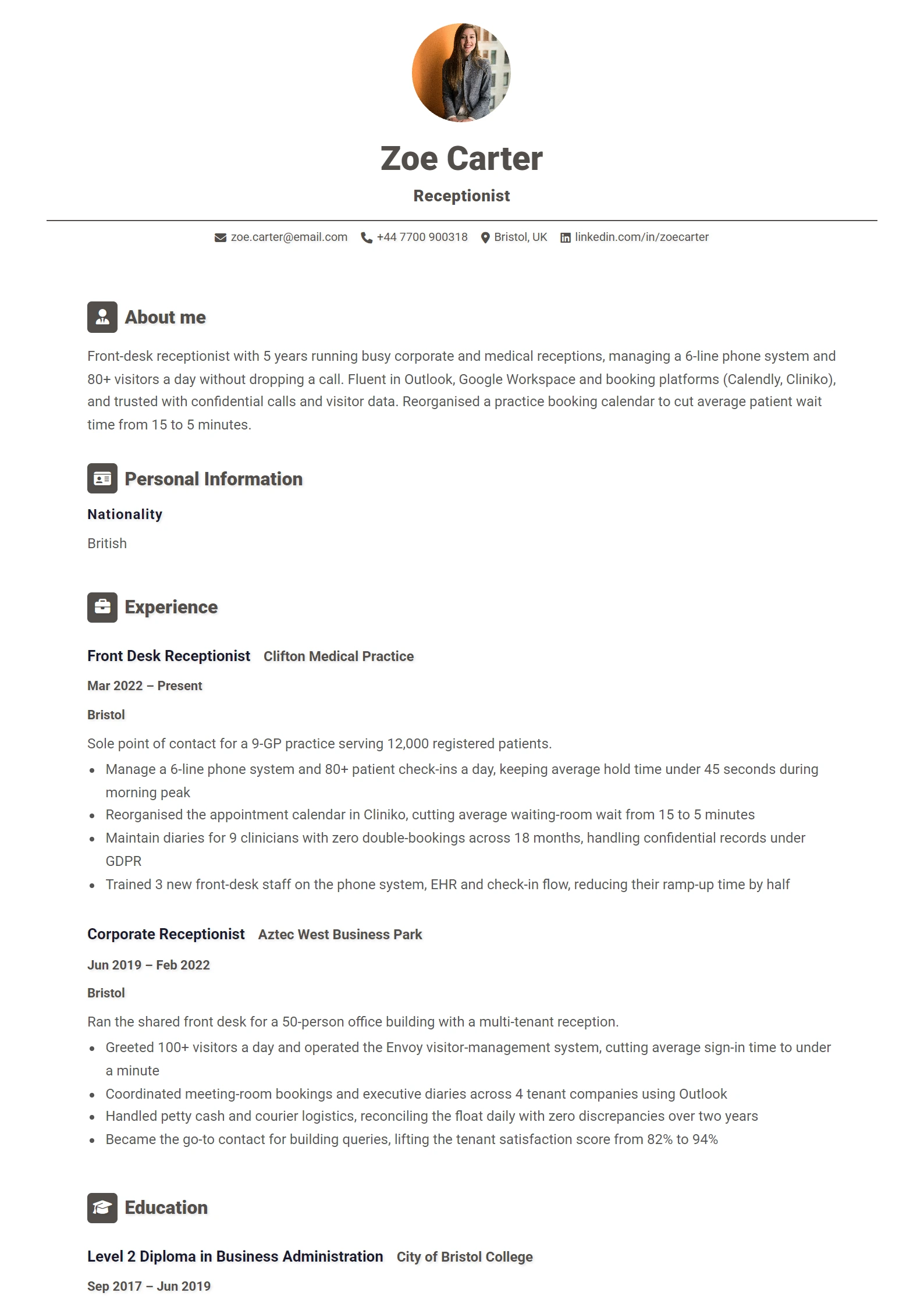 Receptionist CV Example — sample CV, page one
