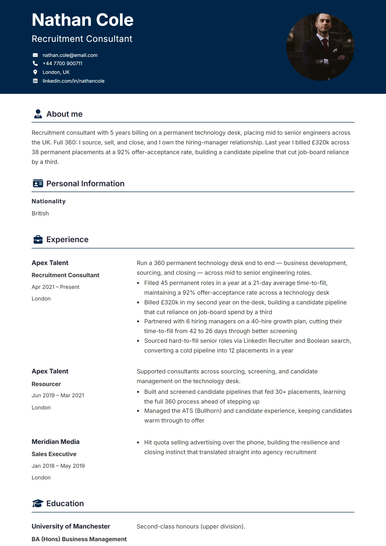 Recruiter CV Example — sample CV, page one