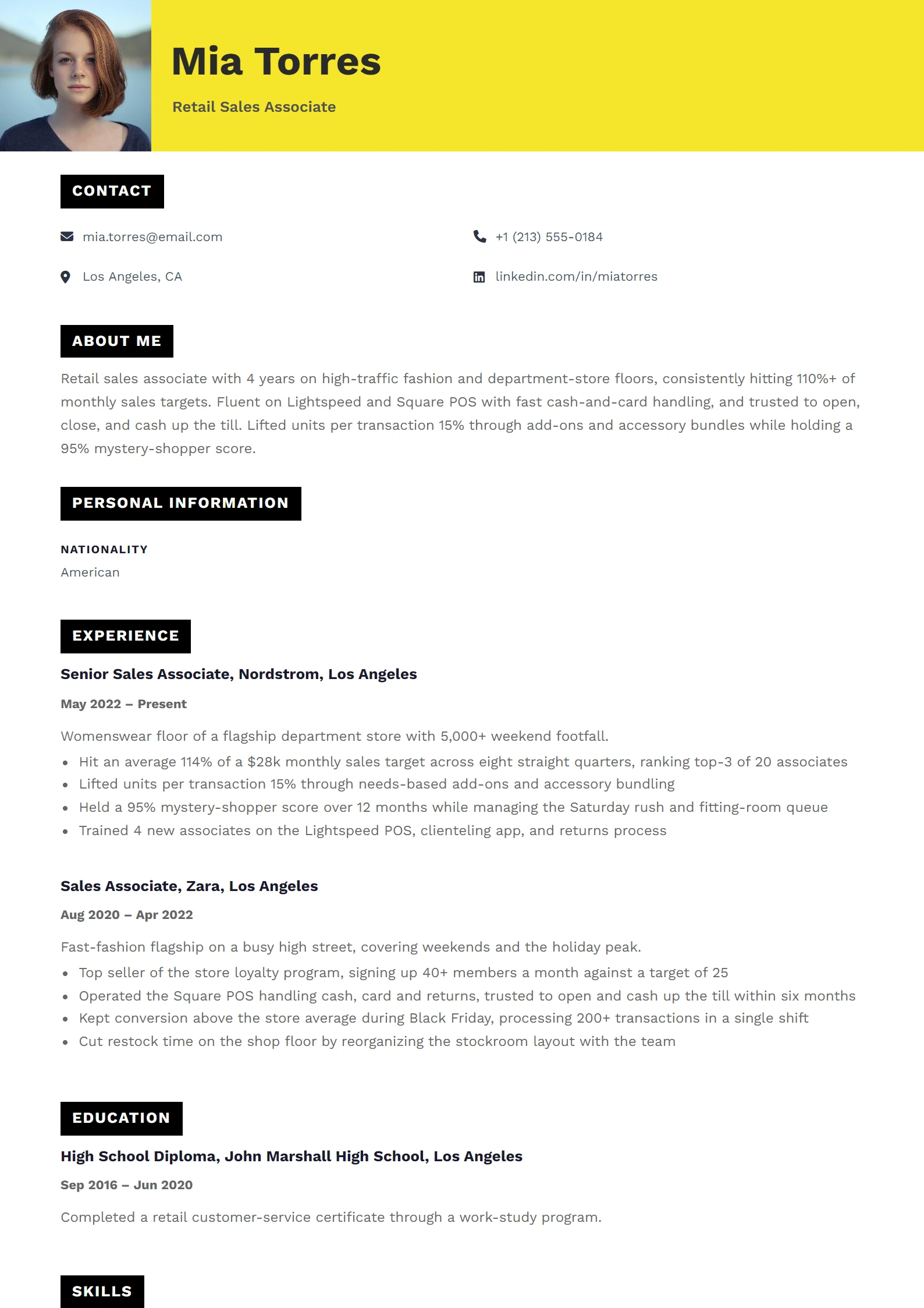 Retail Sales Associate CV Example — sample CV, page one