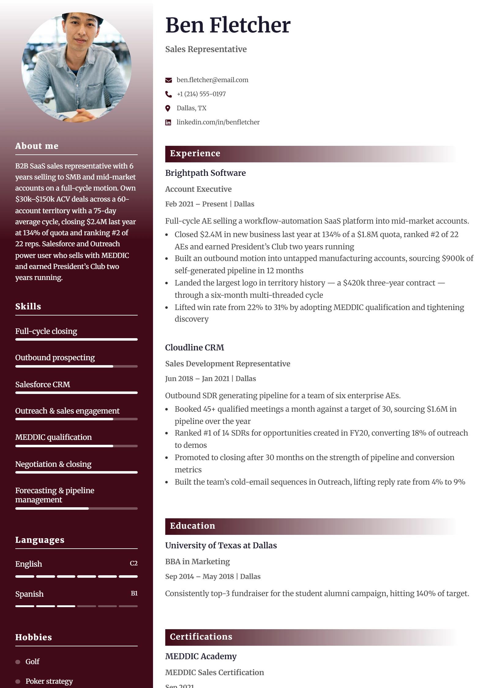 Ejemplo de CV de representante de ventas: CV de ejemplo, primera página