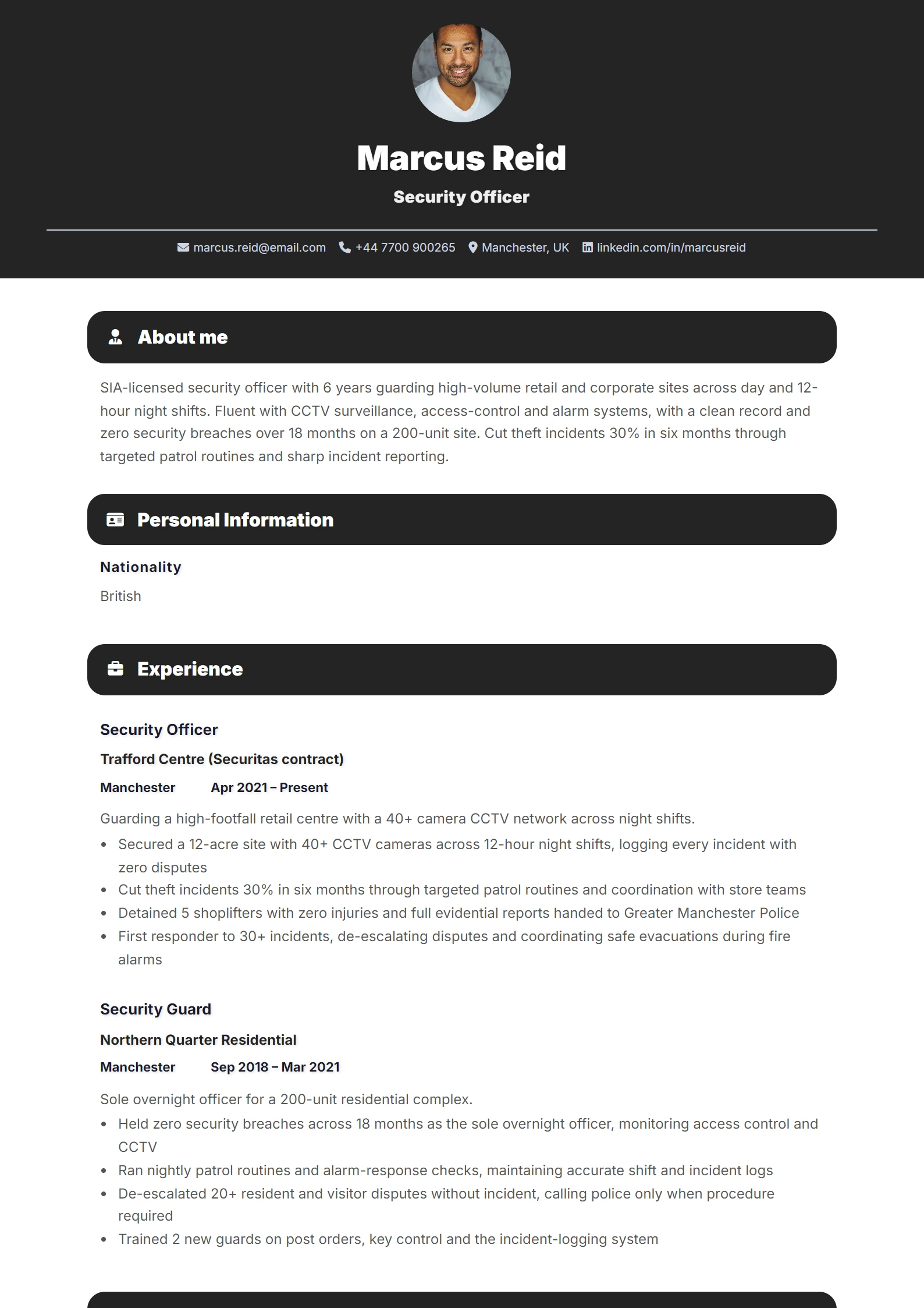 Security Guard CV Example — sample CV, page one
