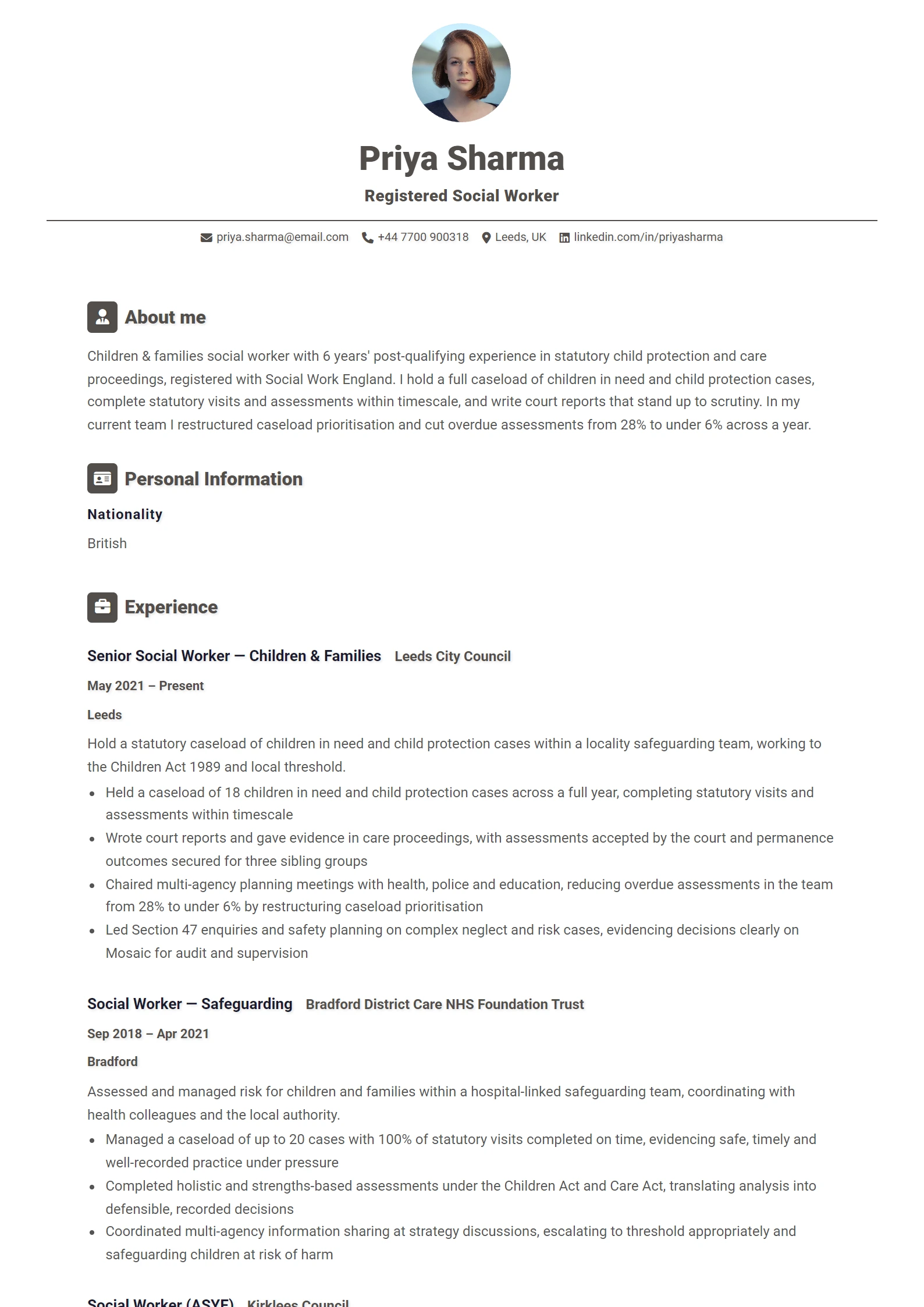 Social Worker CV Example — sample CV, page one