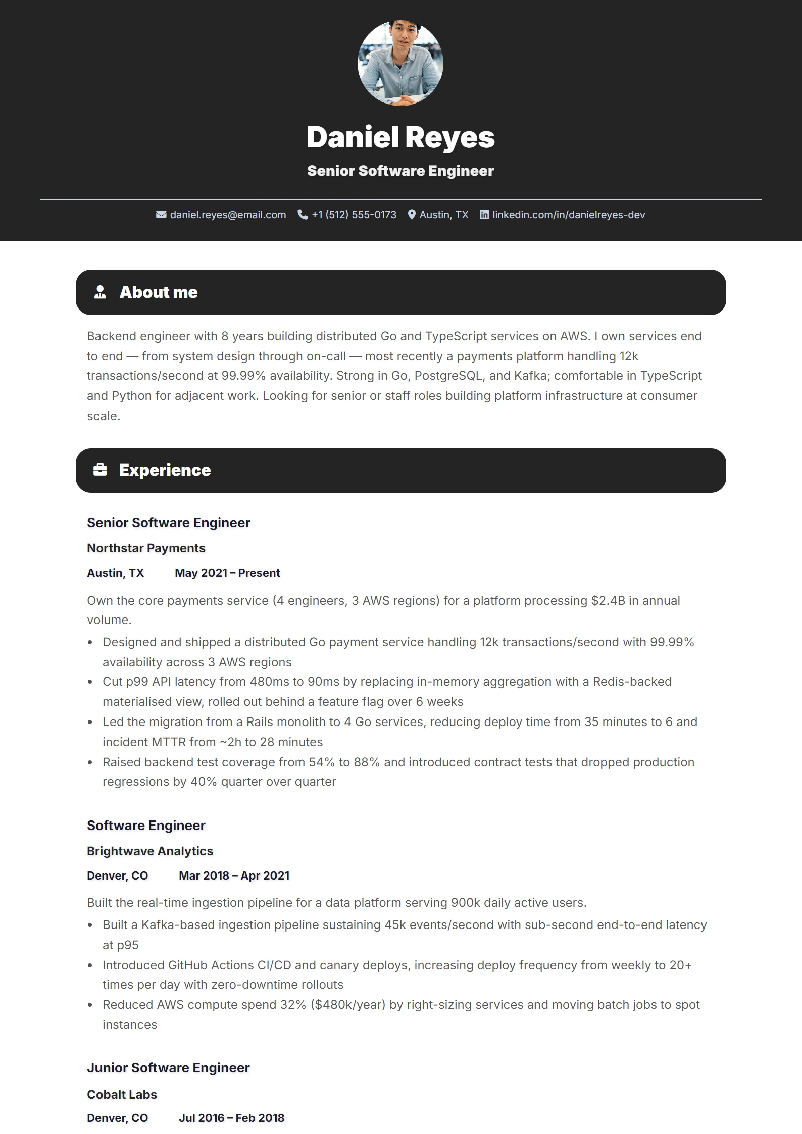 Ejemplo de CV para Software Engineer: CV de ejemplo, primera página