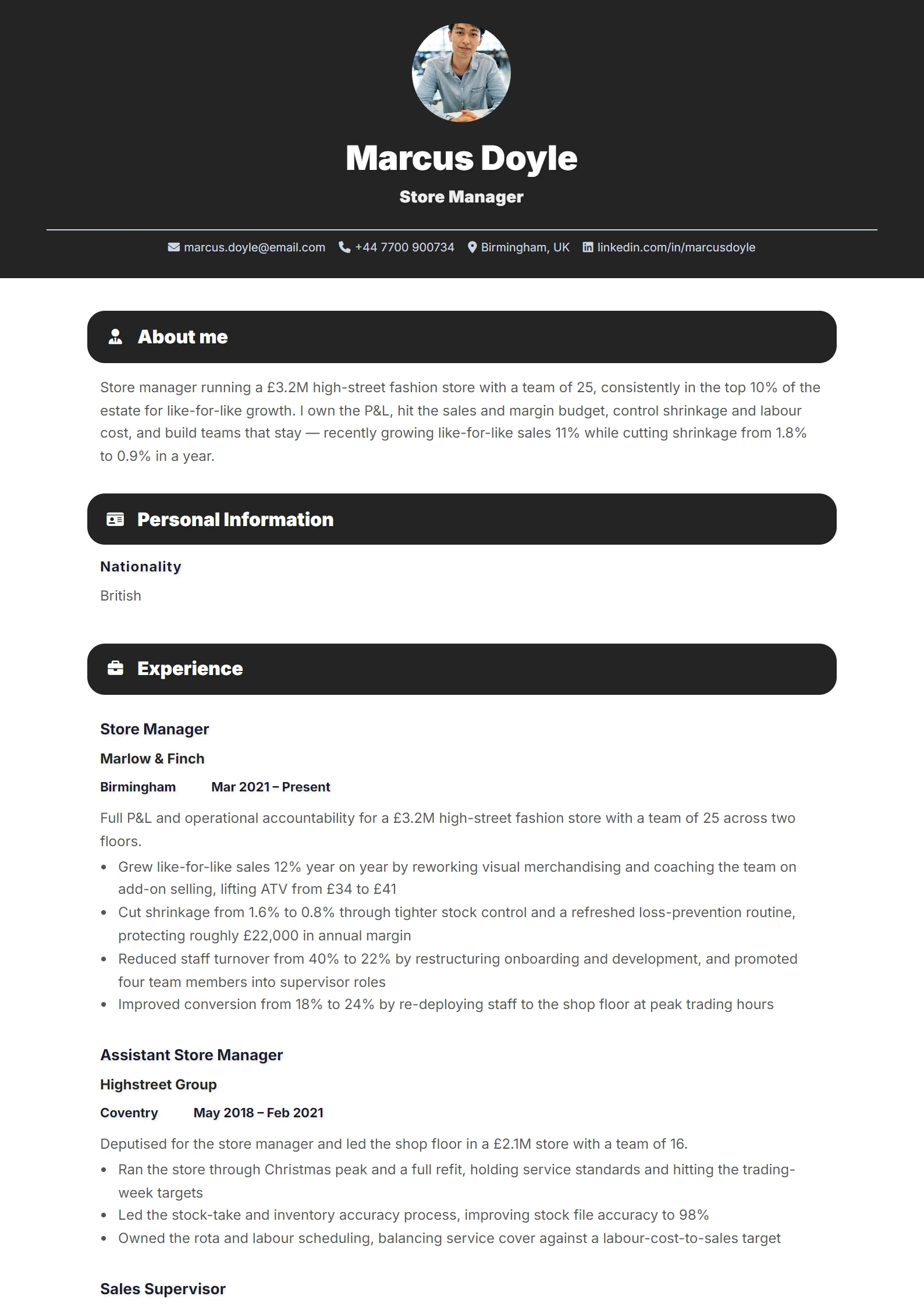 Store Manager CV Example — sample CV, page one