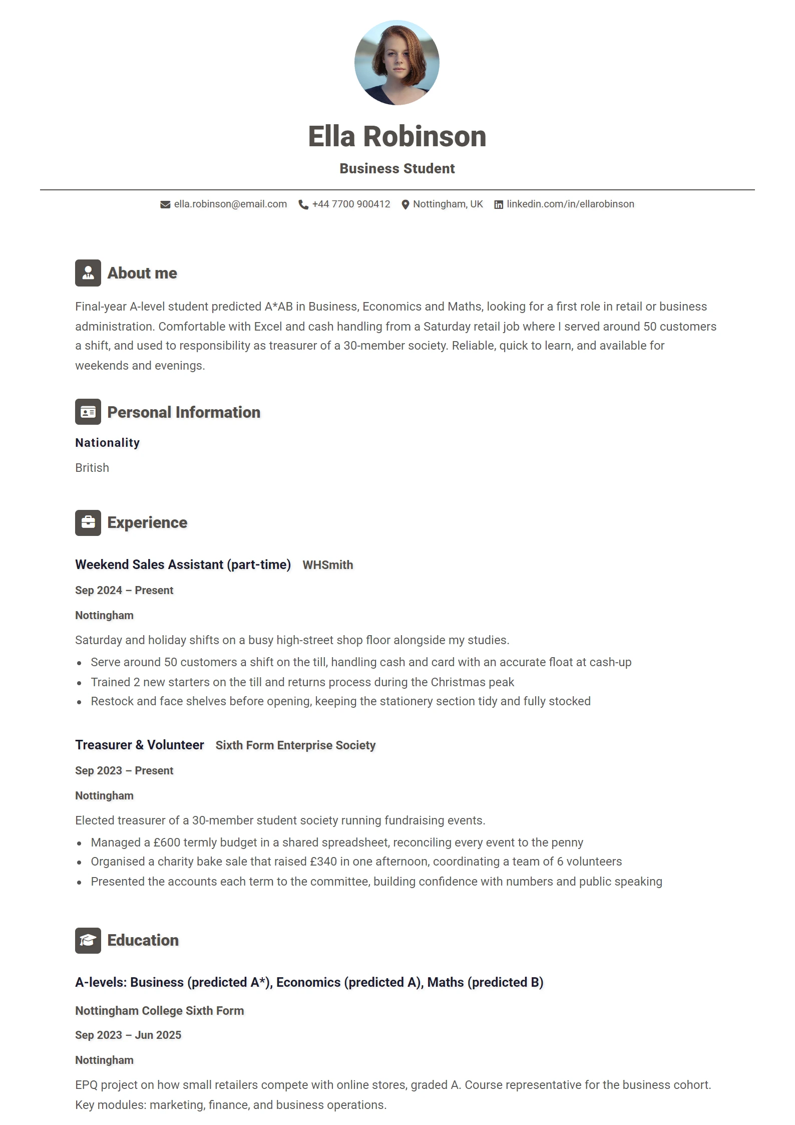 Student CV Example (No Experience) — sample CV, page one