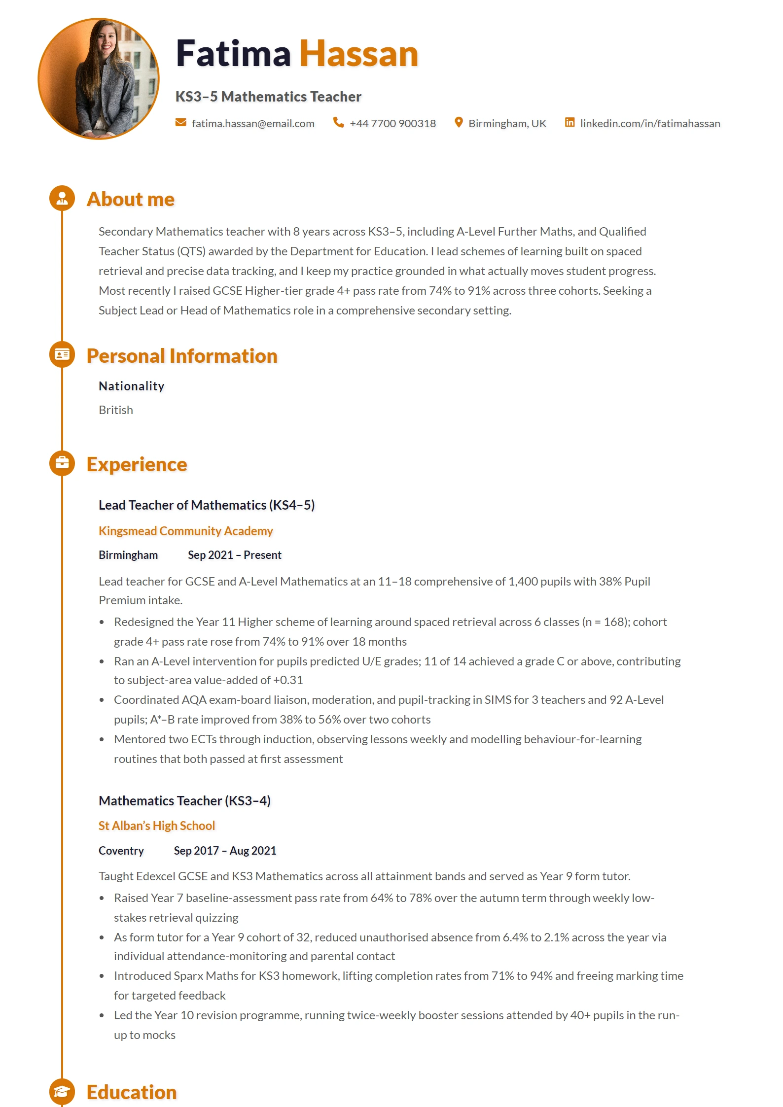 Teacher CV Example — sample CV, page one