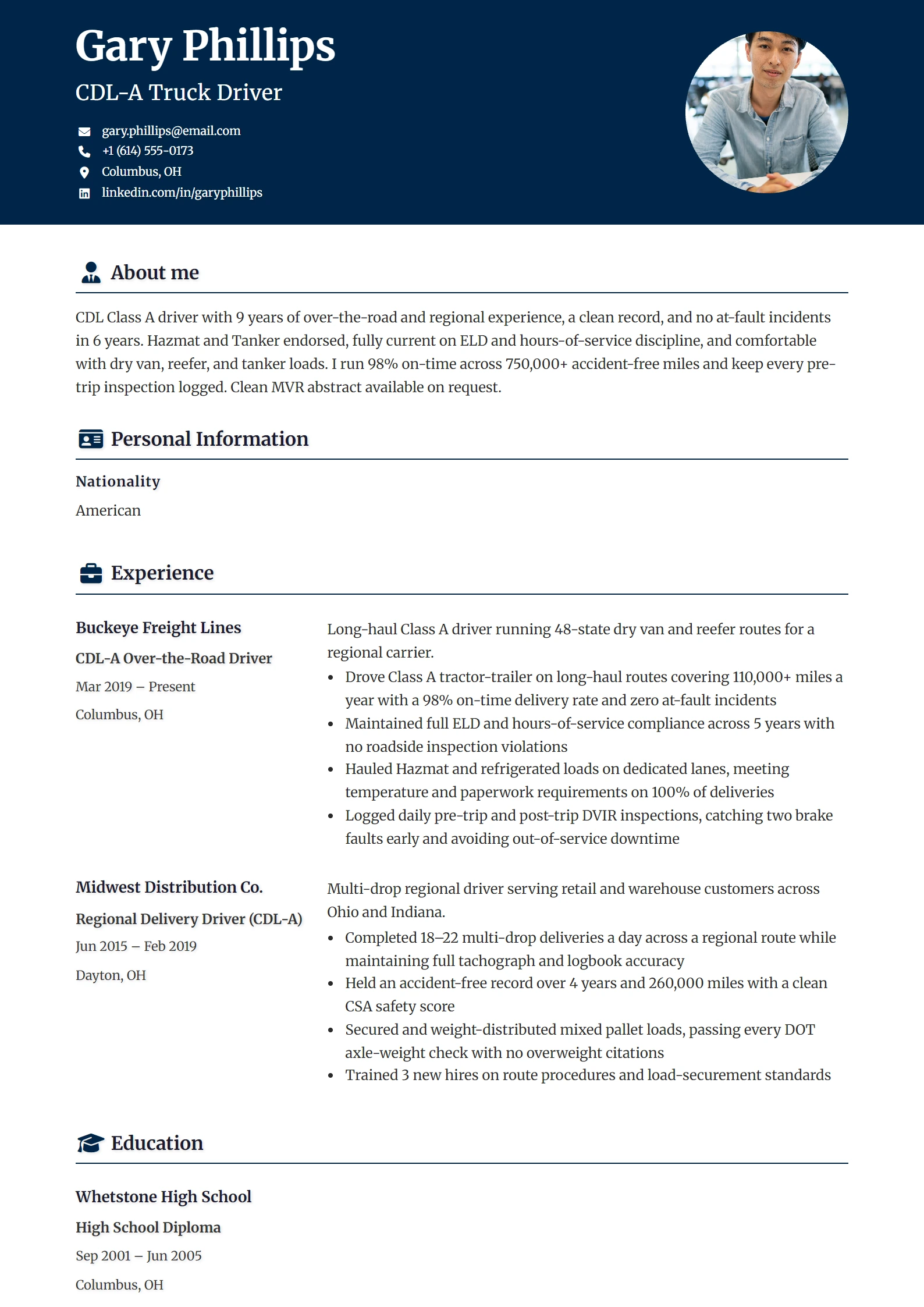 Truck Driver CV Example — sample CV, page one