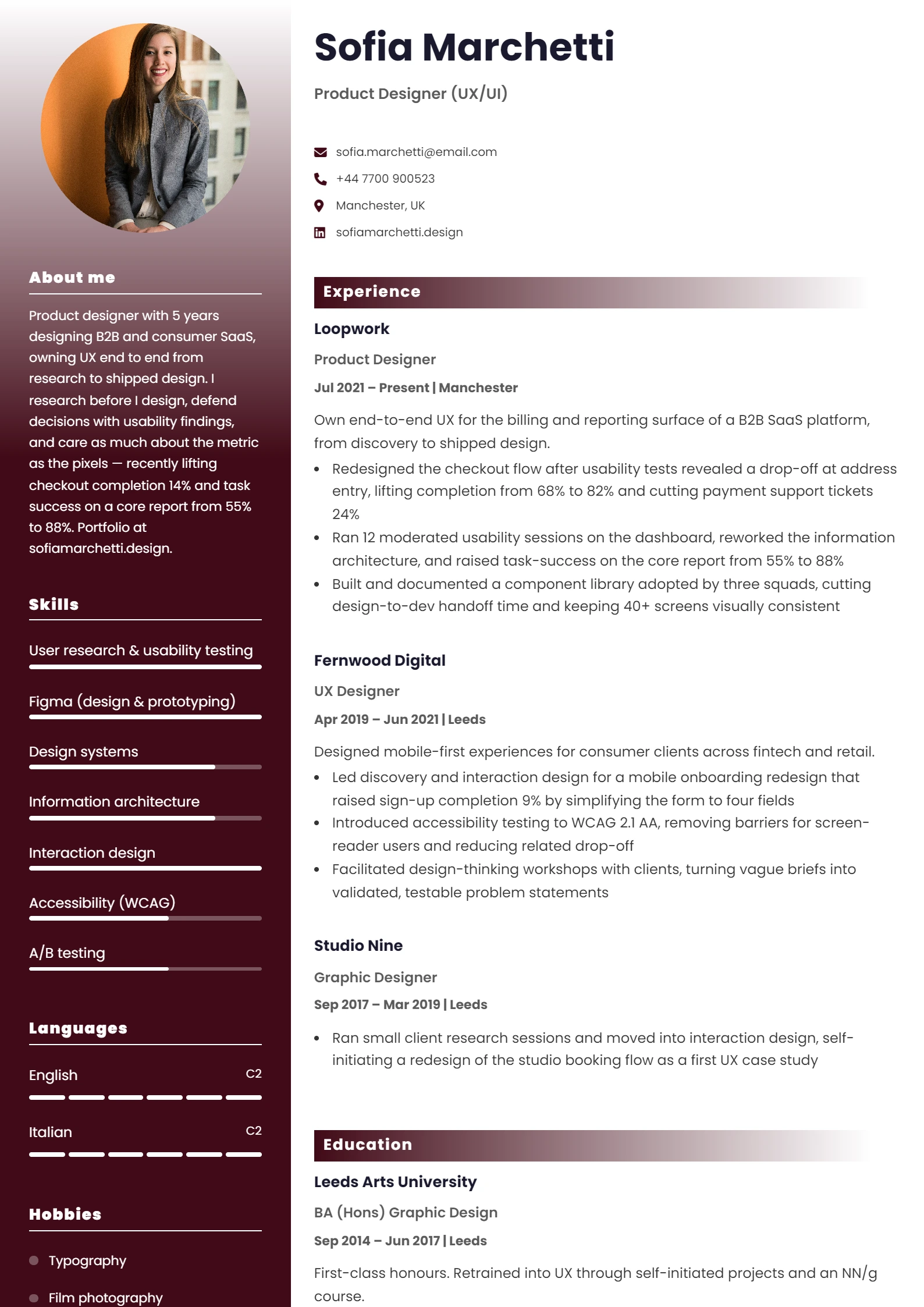 CV UX Designer — CV di esempio, prima pagina