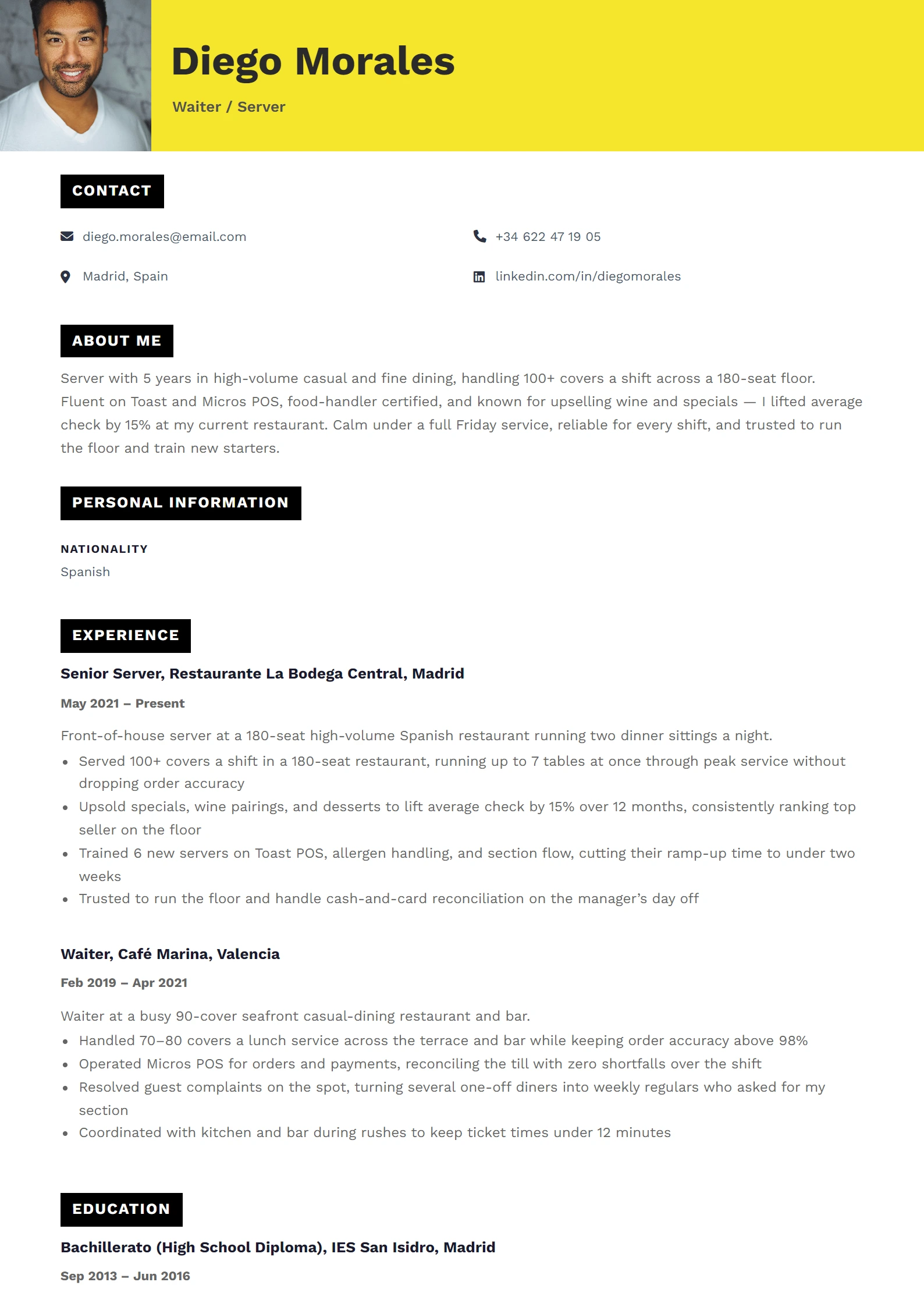Waiter/Waitress CV Example — sample CV, page one